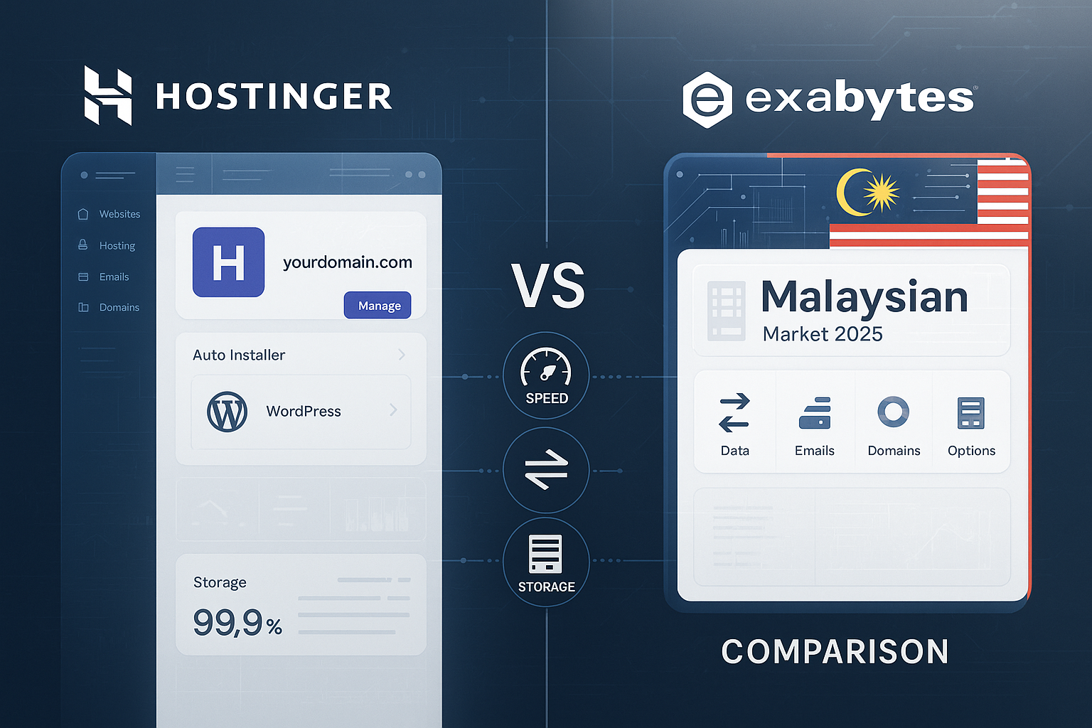 Split-screen editorial style infographic comparing Hostinger and Exabytes web hosting platforms for Malaysian market in 2025, left side feat