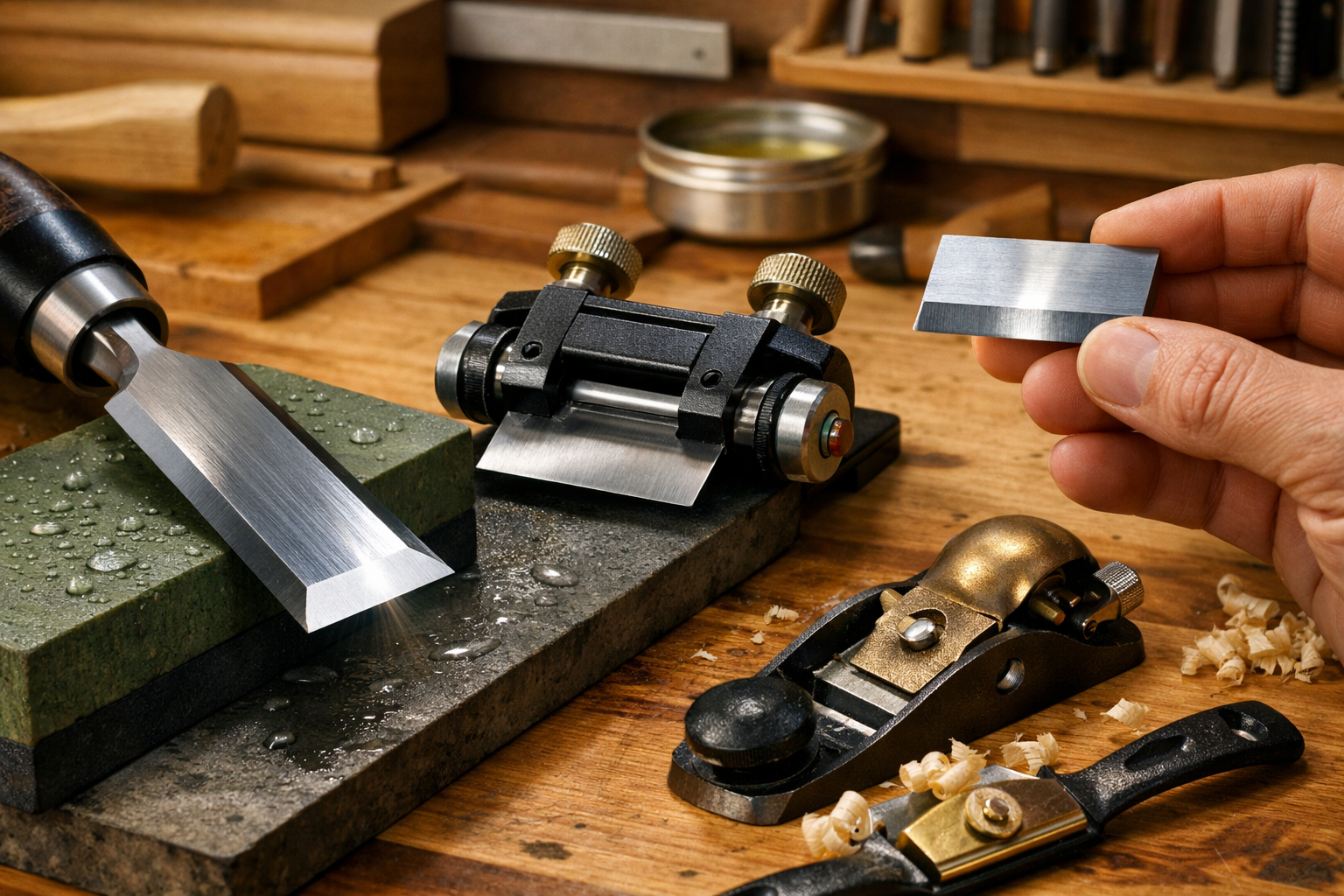 Detailed landscape format (1536x1024) image illustrating various tool sharpening techniques specifically for woodworking tools used in cutti
