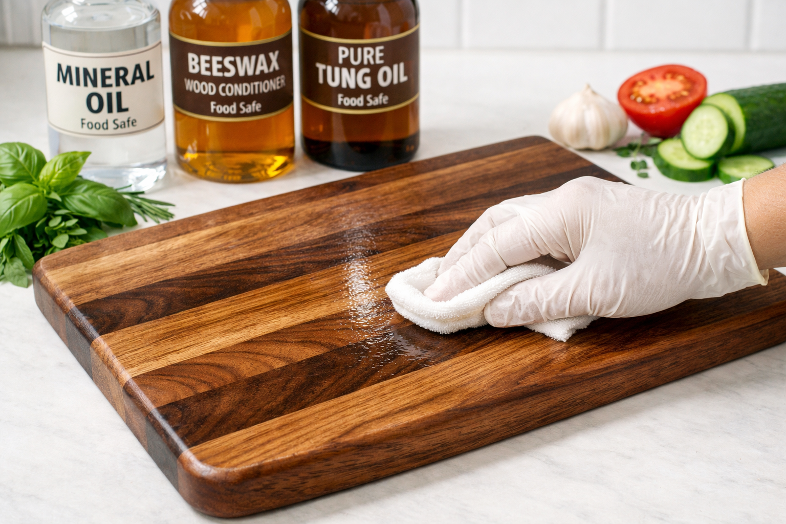 Detailed landscape format (1536x1024) image showcasing the application of food-safe finishes on a completed wooden cutting board. A hand (we