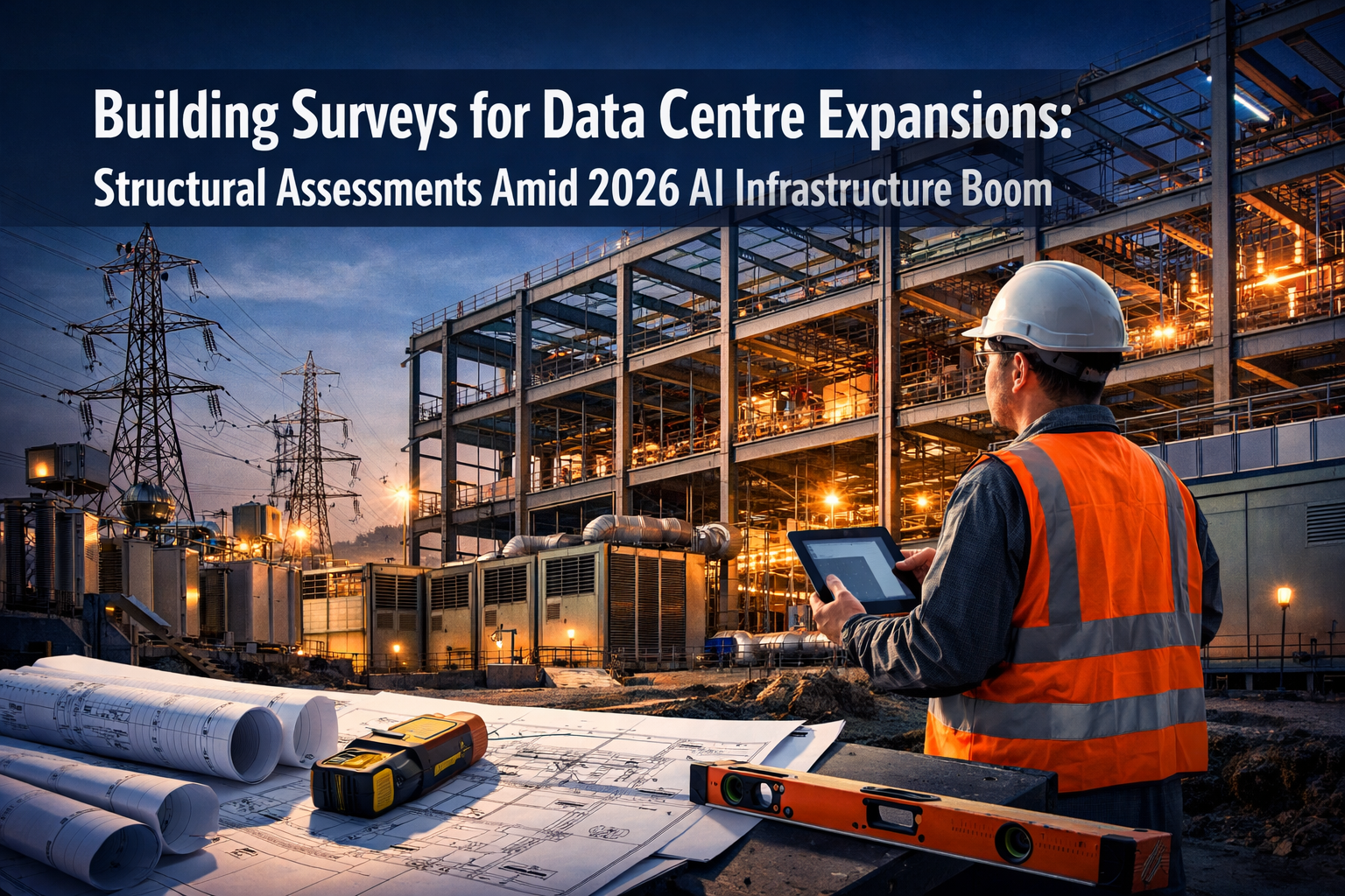 Professional () hero image featuring 'Building Surveys for Data Centre Expansions: Structural Assessments Amid 2026 AI