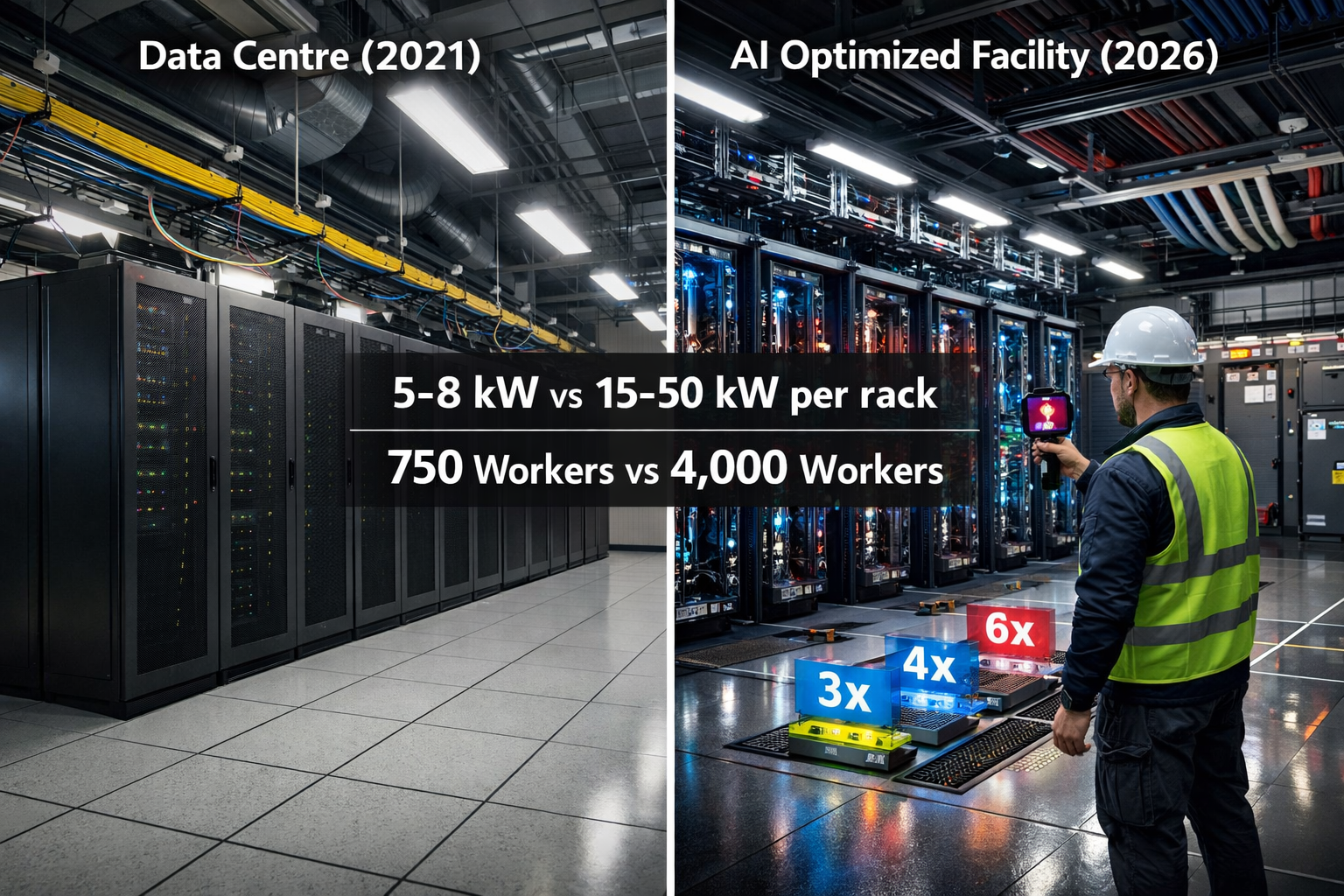 () split-screen comparison image showing traditional data centre facility (left side, dated 2021) versus modern AI-optimized
