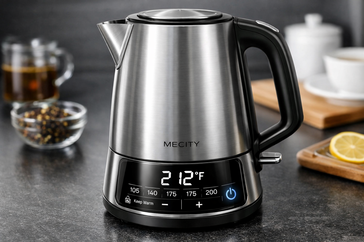 Non Plastic Electric Kettle Professional product showcase of Mecity electric kettle with touch screen display, highlighting stainless steel construction and temperature