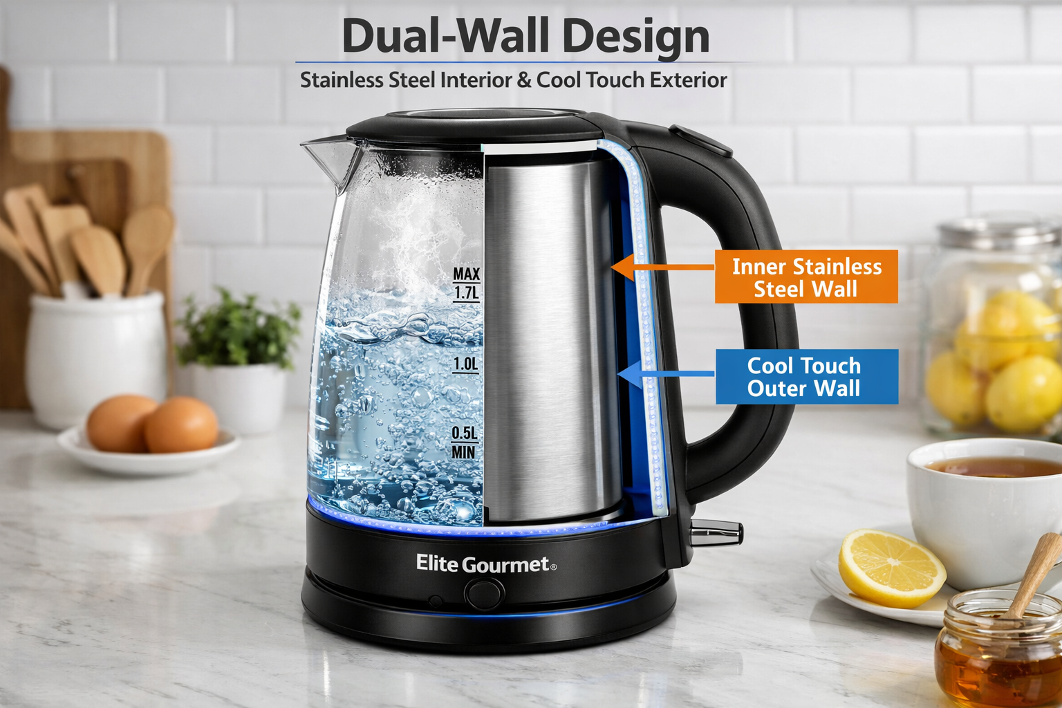 Non Plastic Electric Kettle Elite Gourmet glass kettle with visible stainless steel interior, dual-wall design demonstration, modern kitchen setting