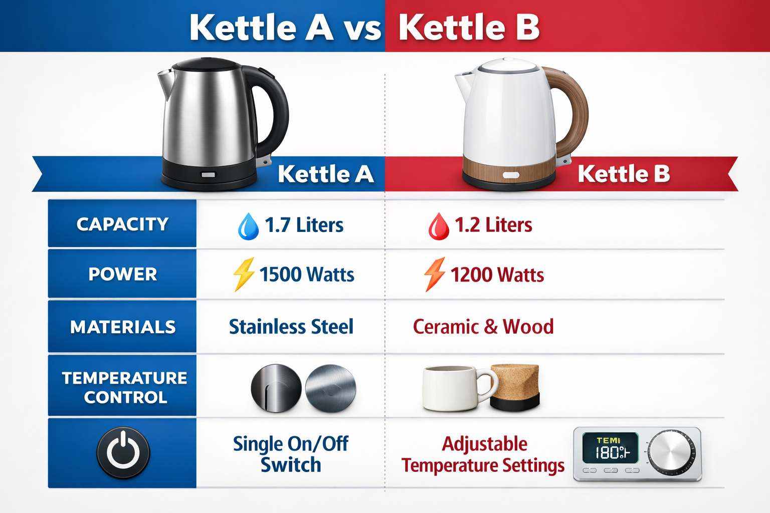 Non Plastic Electric Kettle Side-by-side comparison infographic showing key features: capacity, power, materials, and temperature controls of both kettles