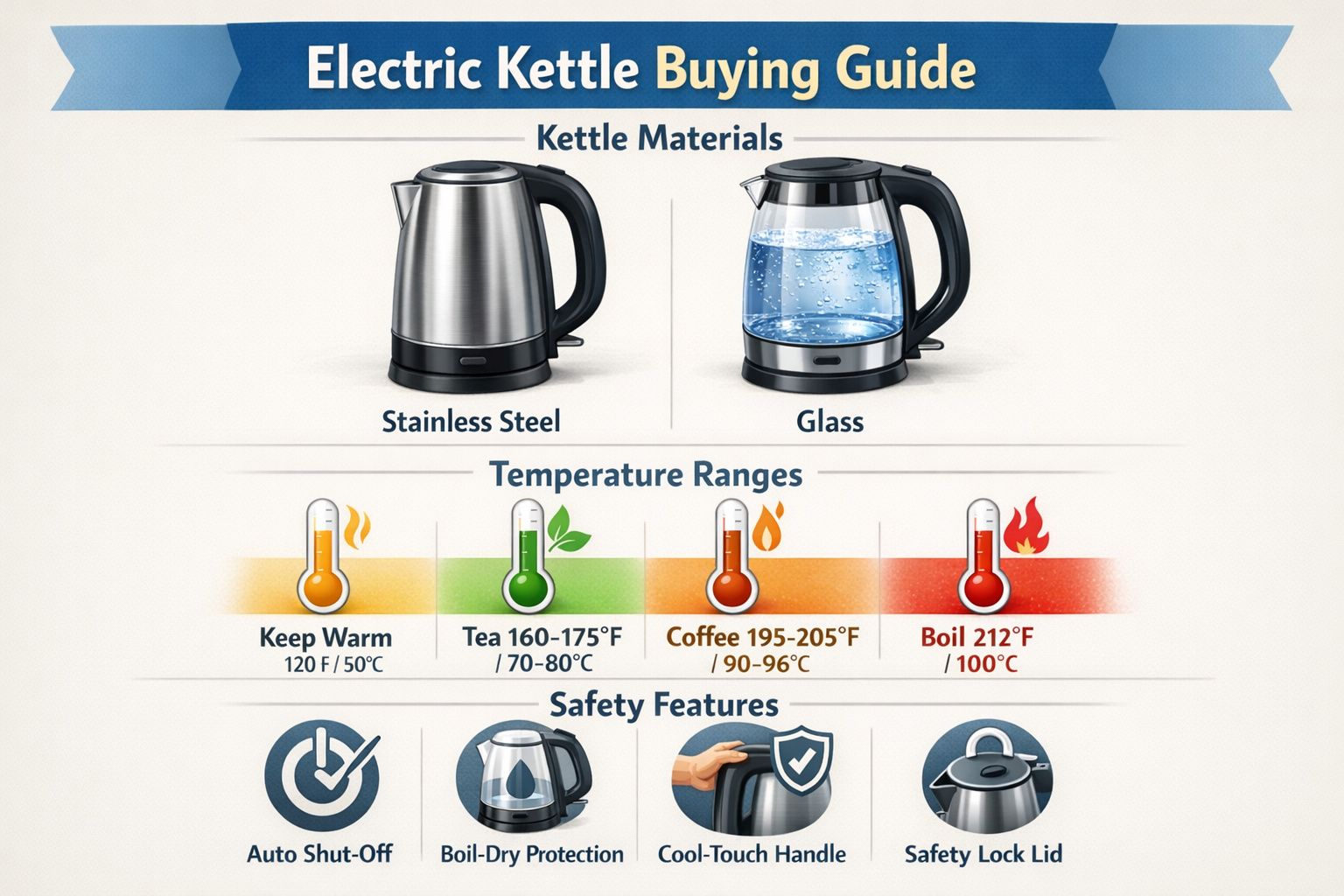 Non Plastic Electric Kettle Visual buying guide showing different kettle materials (stainless steel vs glass), temperature ranges, and safety features with icons and la