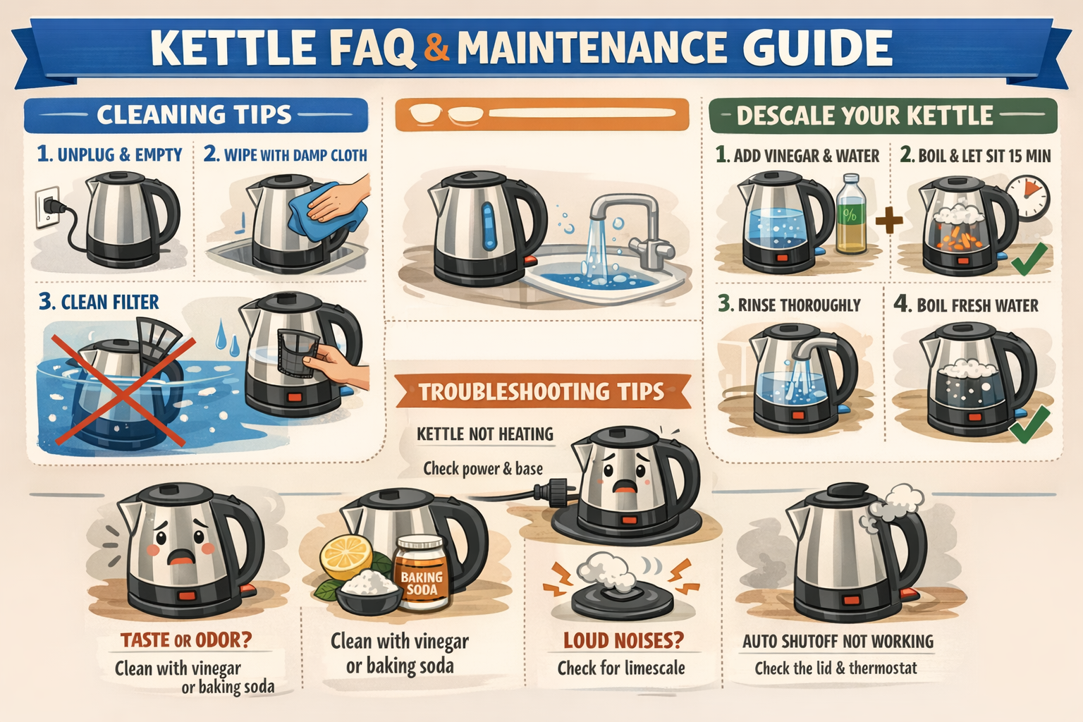 Non Plastic Electric Kettle FAQ visual guide showing common kettle maintenance, cleaning methods, and troubleshooting tips with step-by-step illustrations