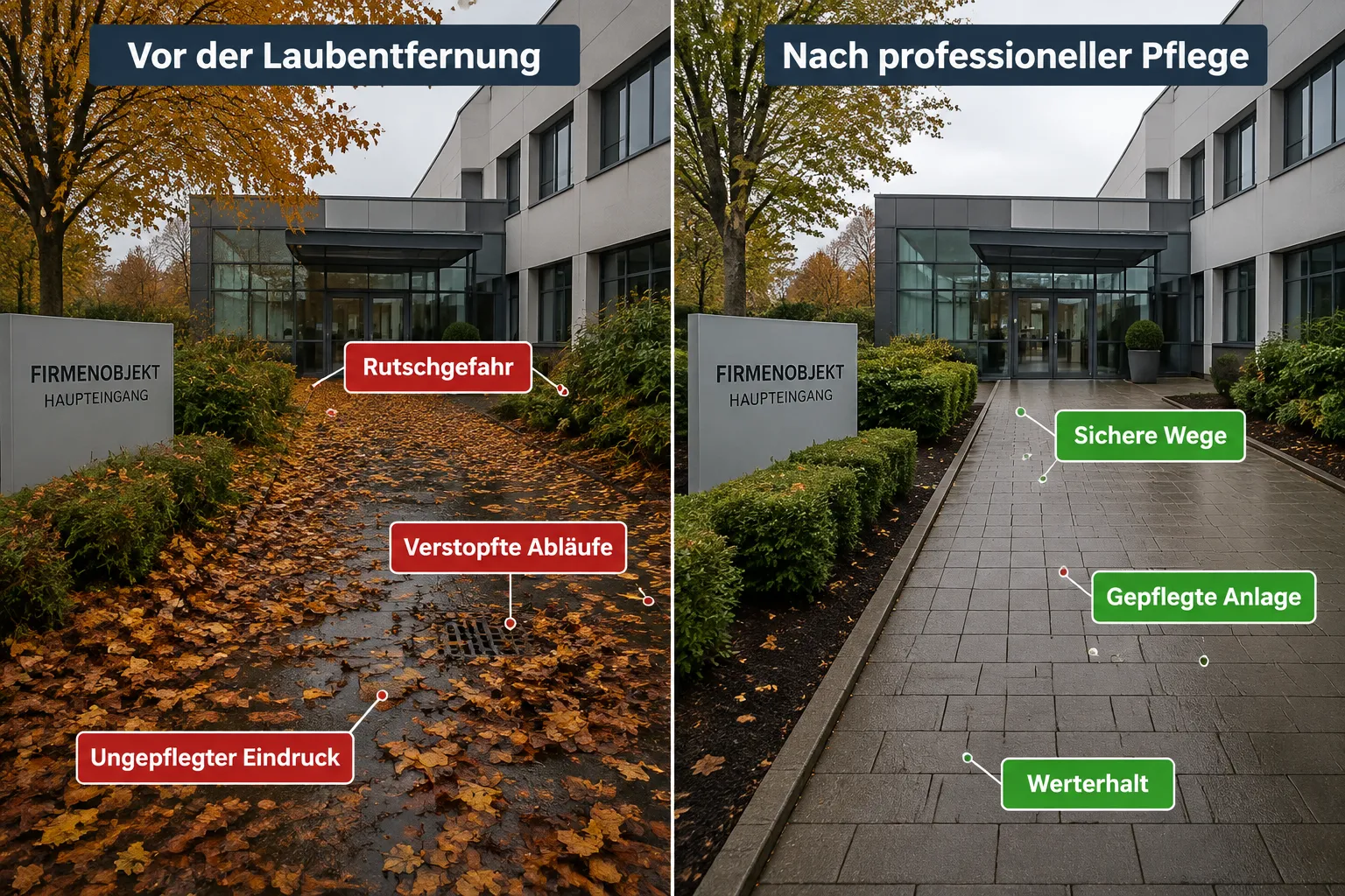 Laubentfernung bei Firmenobjekten: Sicherheitsrisiken und Verantwortung