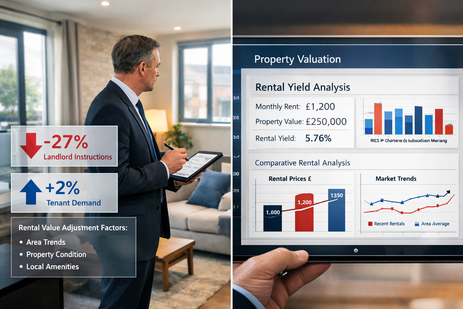 Detailed () editorial image showing RICS chartered surveyor conducting rental property valuation in modern UK apartment,