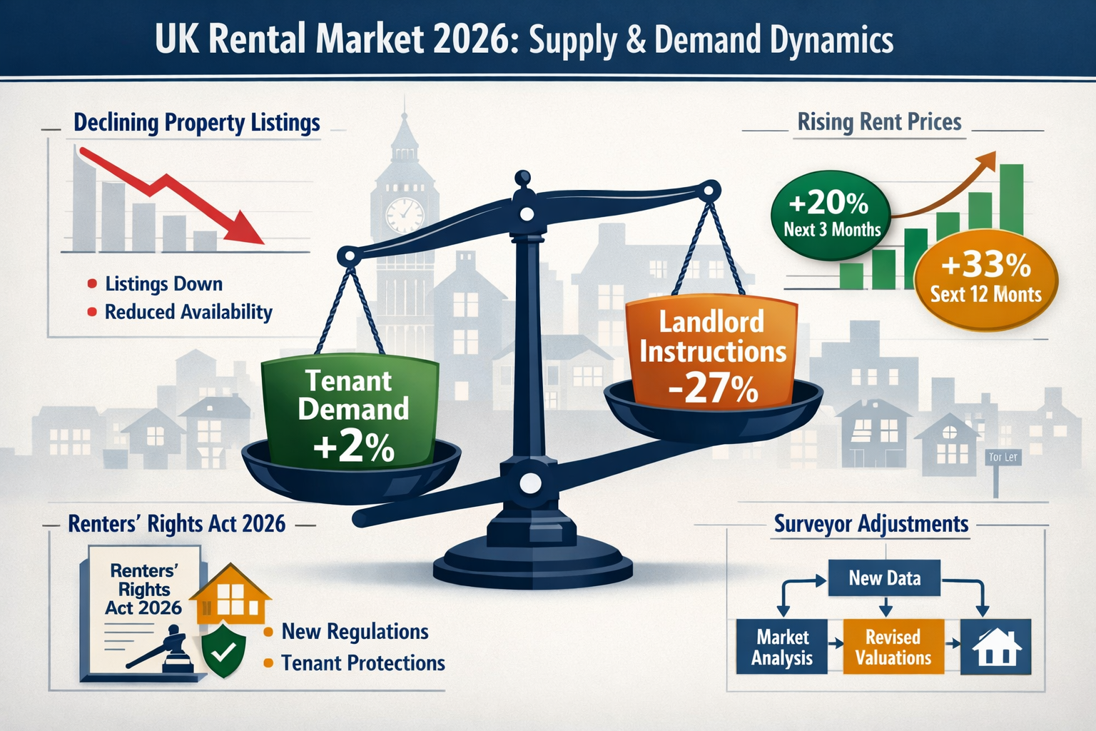 Comprehensive () infographic-style image displaying UK rental market supply-demand dynamics for 2026. Central visual shows