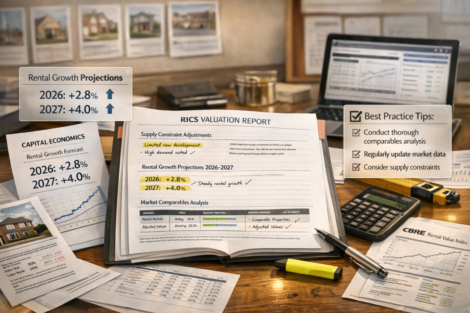 Detailed () professional composite image showing rental property valuation report documentation and strategic planning.