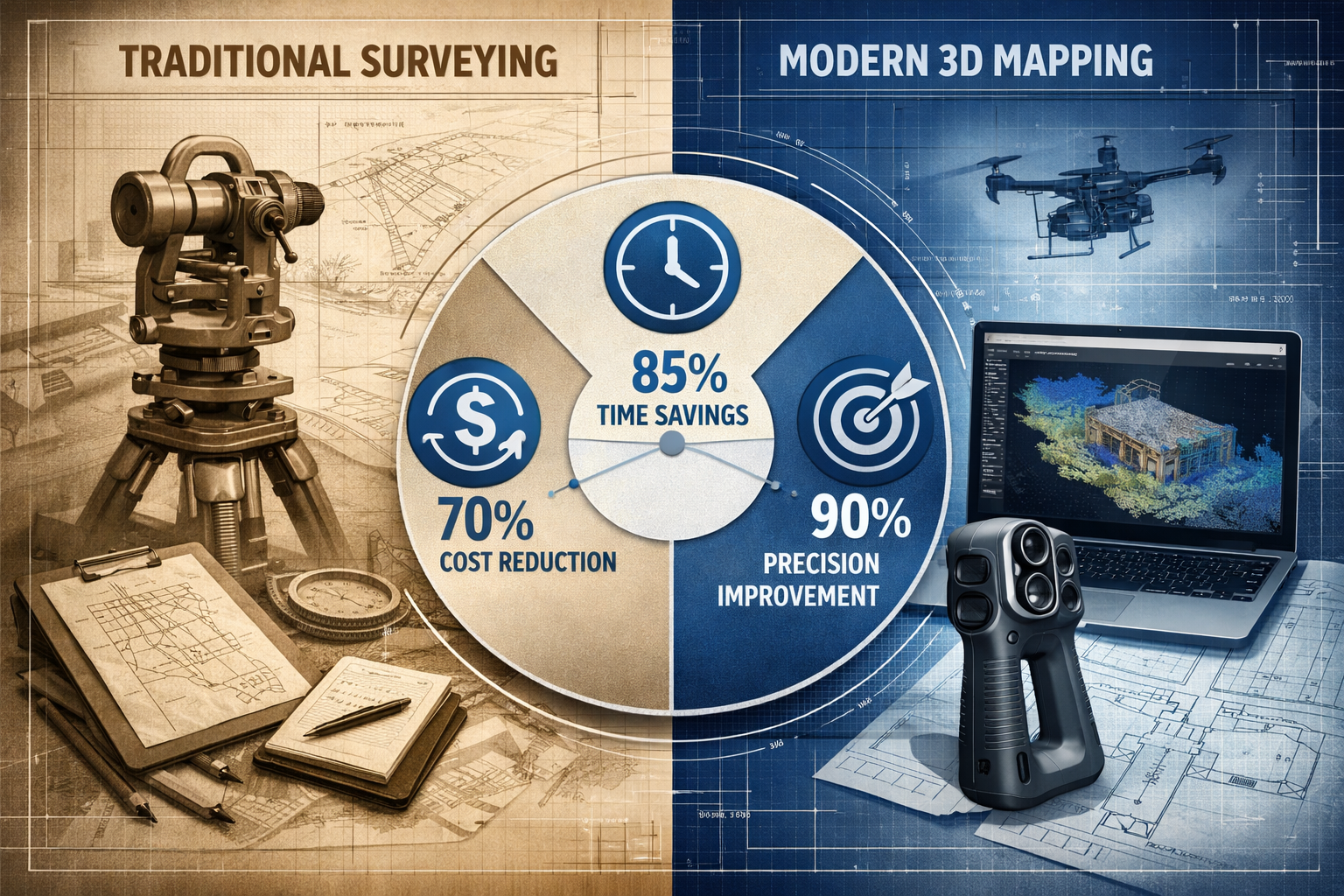 Key Takeaways section infographic: Split-screen visual comparing traditional surveying vs modern 3D mapping technology. Left side shows vint