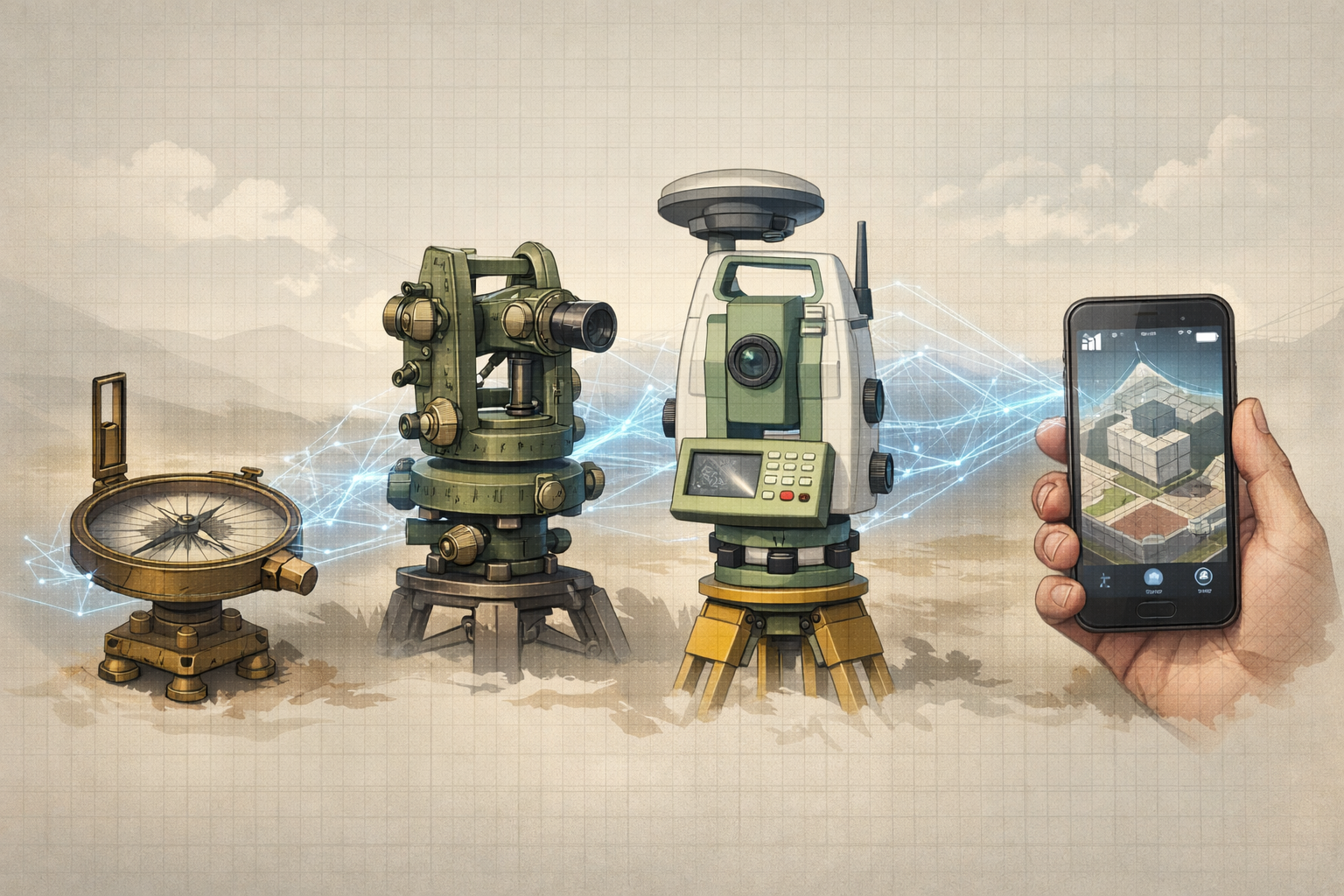 Evolution of Surveying section: Chronological technological progression illustration showing surveying equipment transformation. Start with