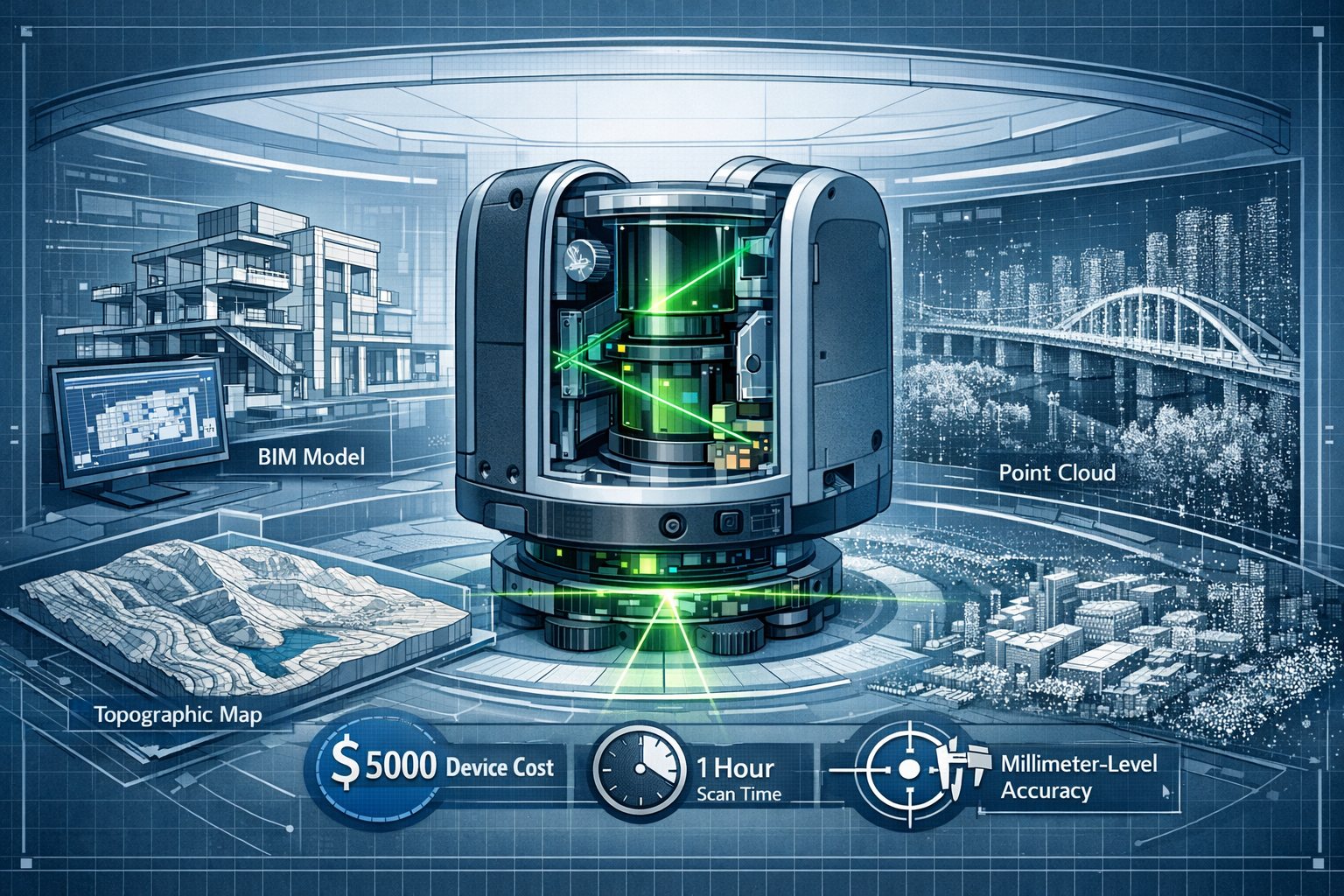 3D Mapping and Visualization Tools section: Immersive cutaway visualization showing interior of advanced surveying technology ecosystem. Cen