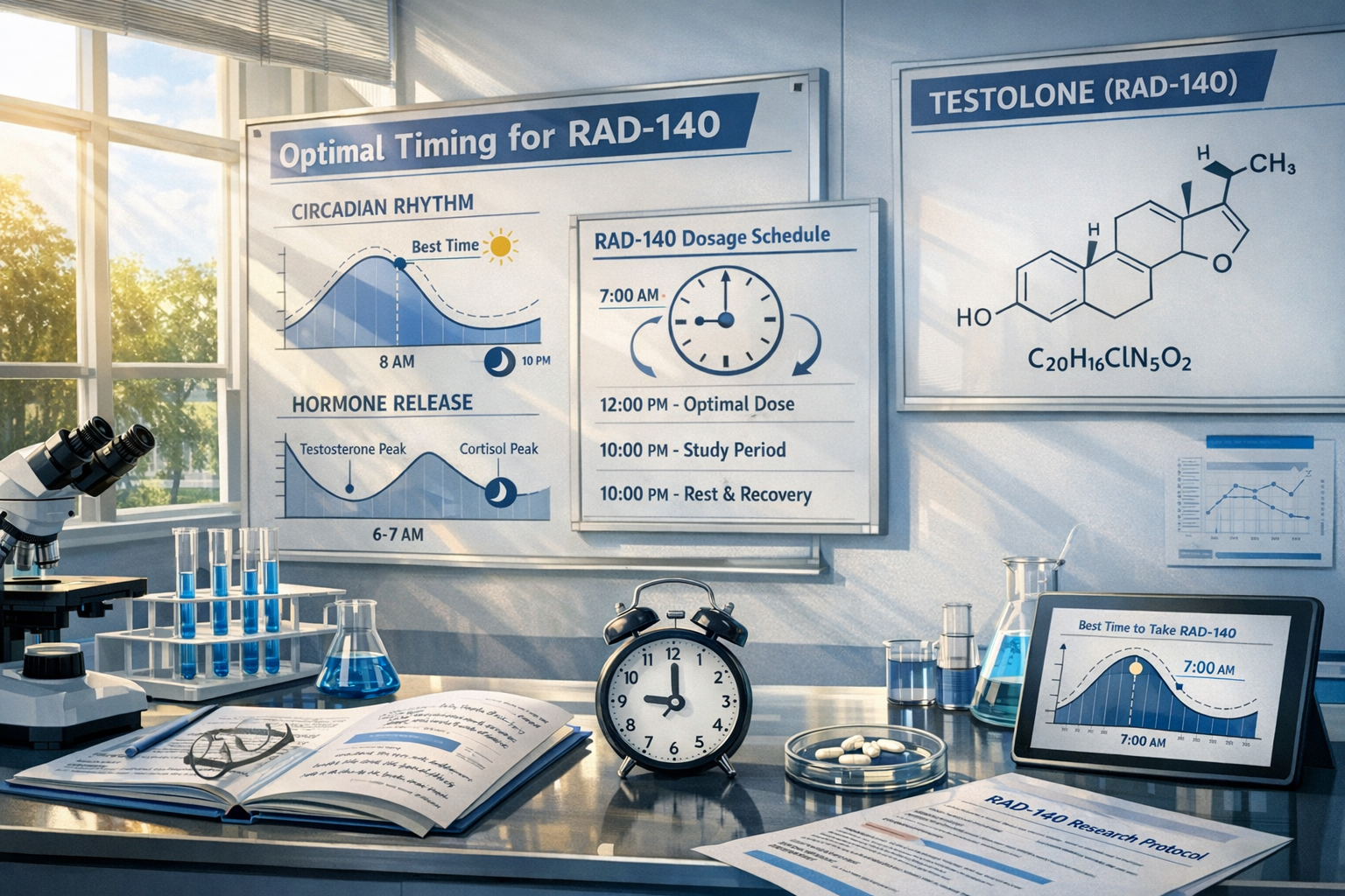 Detailed landscape format (1536x1024) image showing optimal timing concepts for RAD-140 research with circadian rhythm charts, morning sunli