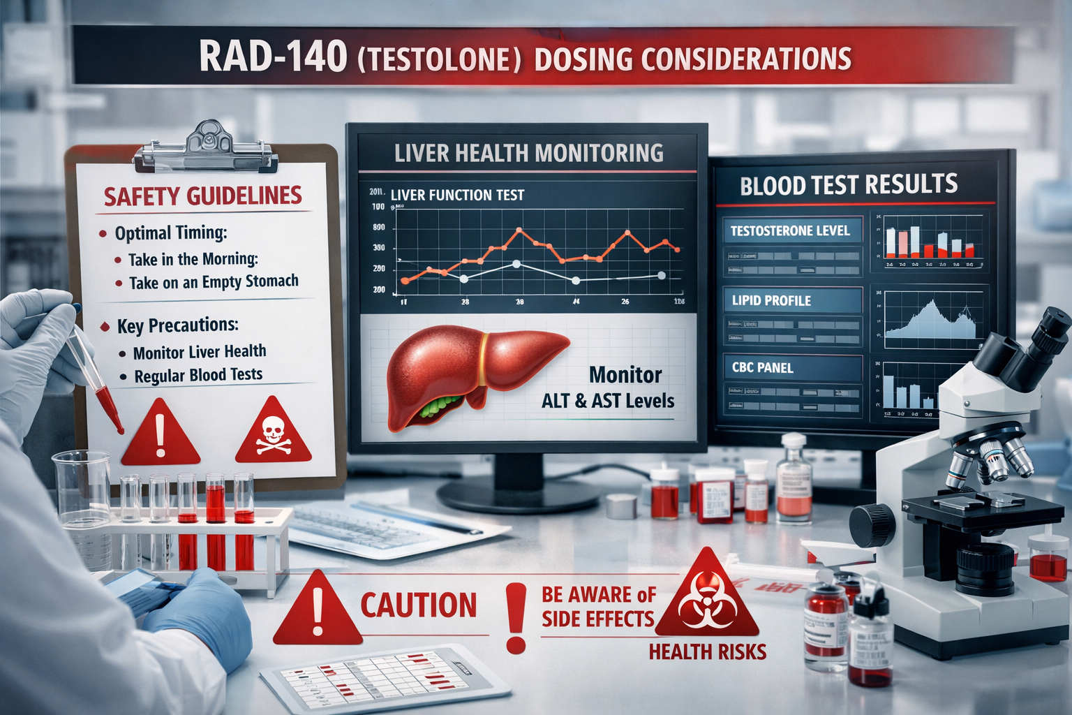 Professional landscape format (1536x1024) visualization of RAD-140 dosing considerations featuring research laboratory equipment, safety pro