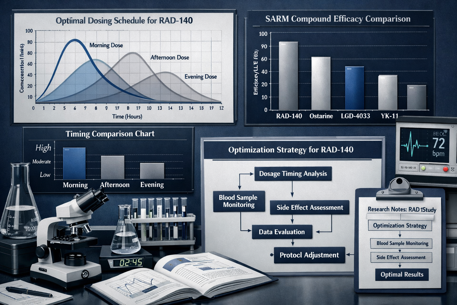 Comprehensive landscape format (1536x1024) image depicting research optimization strategies with multiple timing charts, comparison graphs o