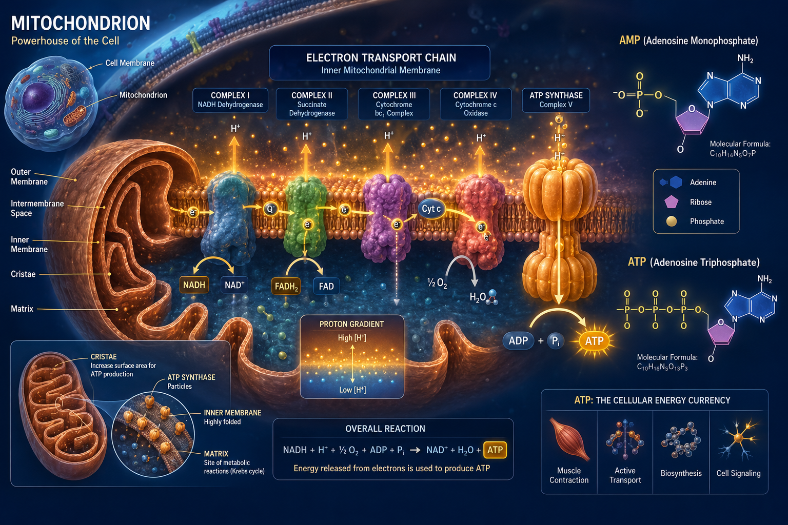 Detailed () scientific illustration showing a cross-section of a human mitochondrion with labeled ATP synthase complexes,