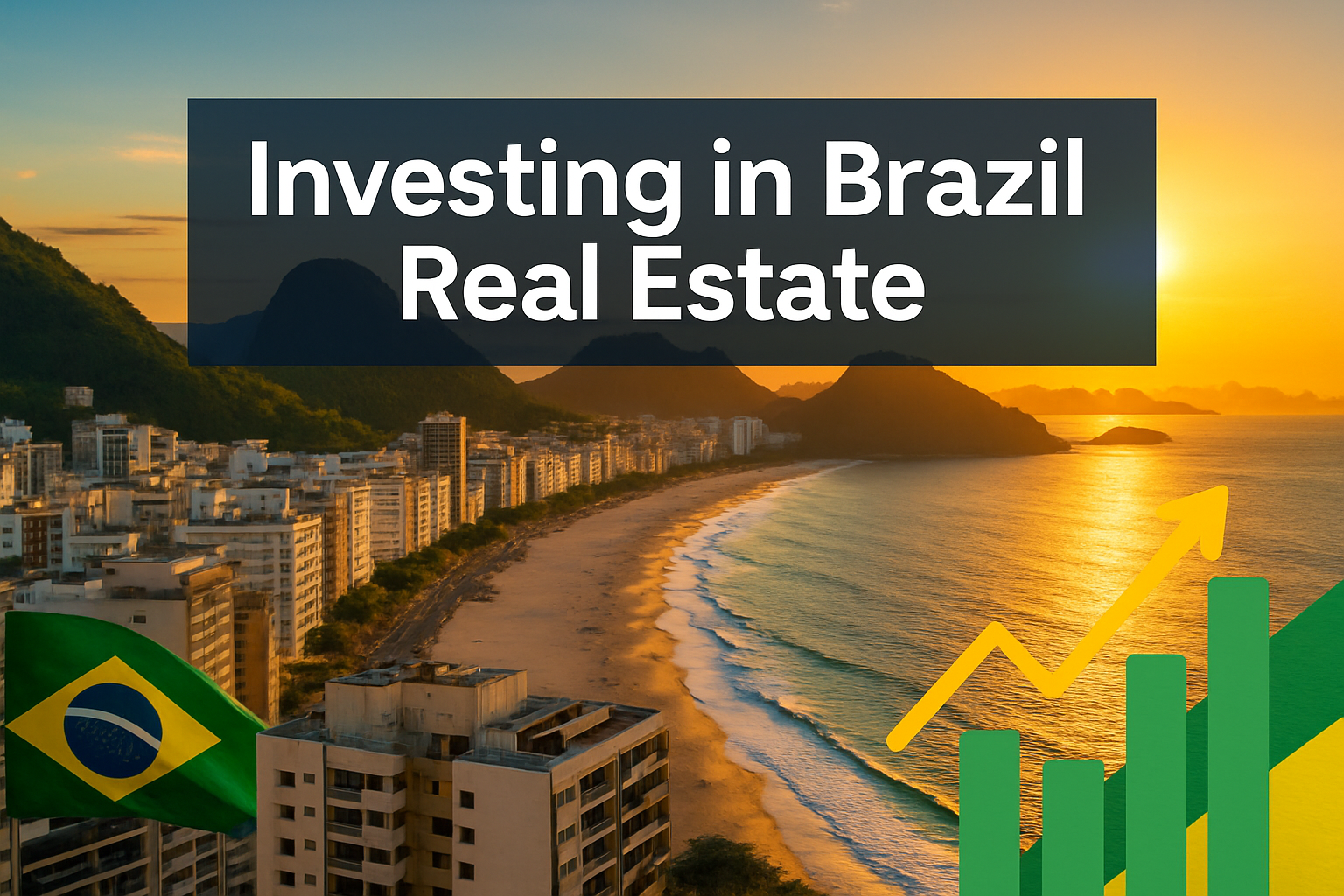 Professional landscape hero image (1536x1024) featuring bold text overlay 'Investing in Brazil Real Estate' in extra large 72pt white sans-s