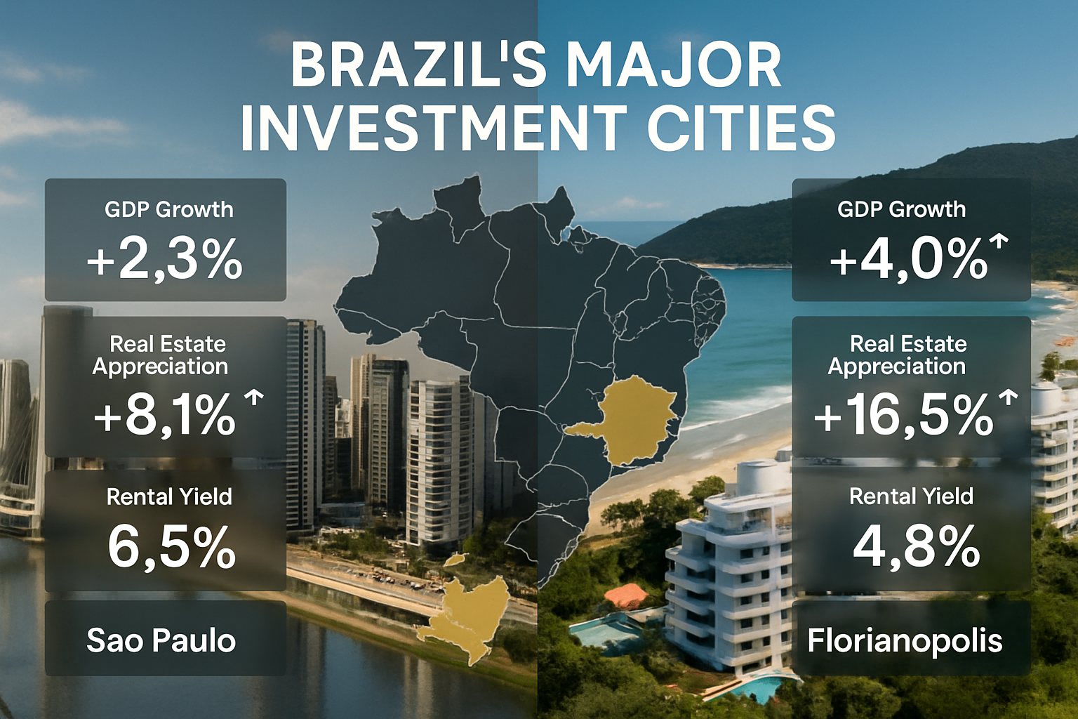 Detailed landscape editorial image (1536x1024) showing split-screen comparison of Brazil's largest investment cities: left side features São P