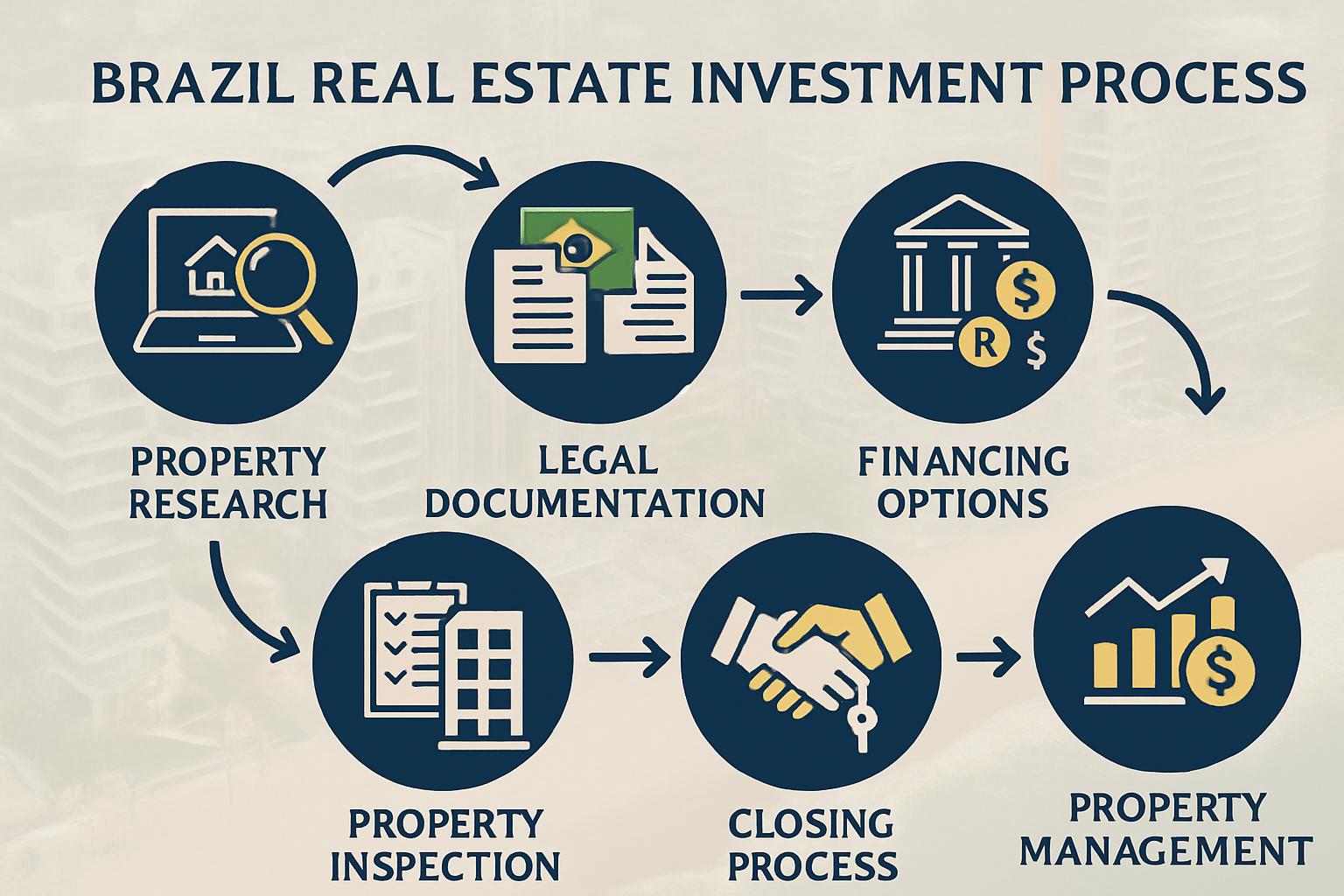 Comprehensive landscape infographic image (1536x1024) illustrating the complete Brazil real estate investment process as a step-by-step view