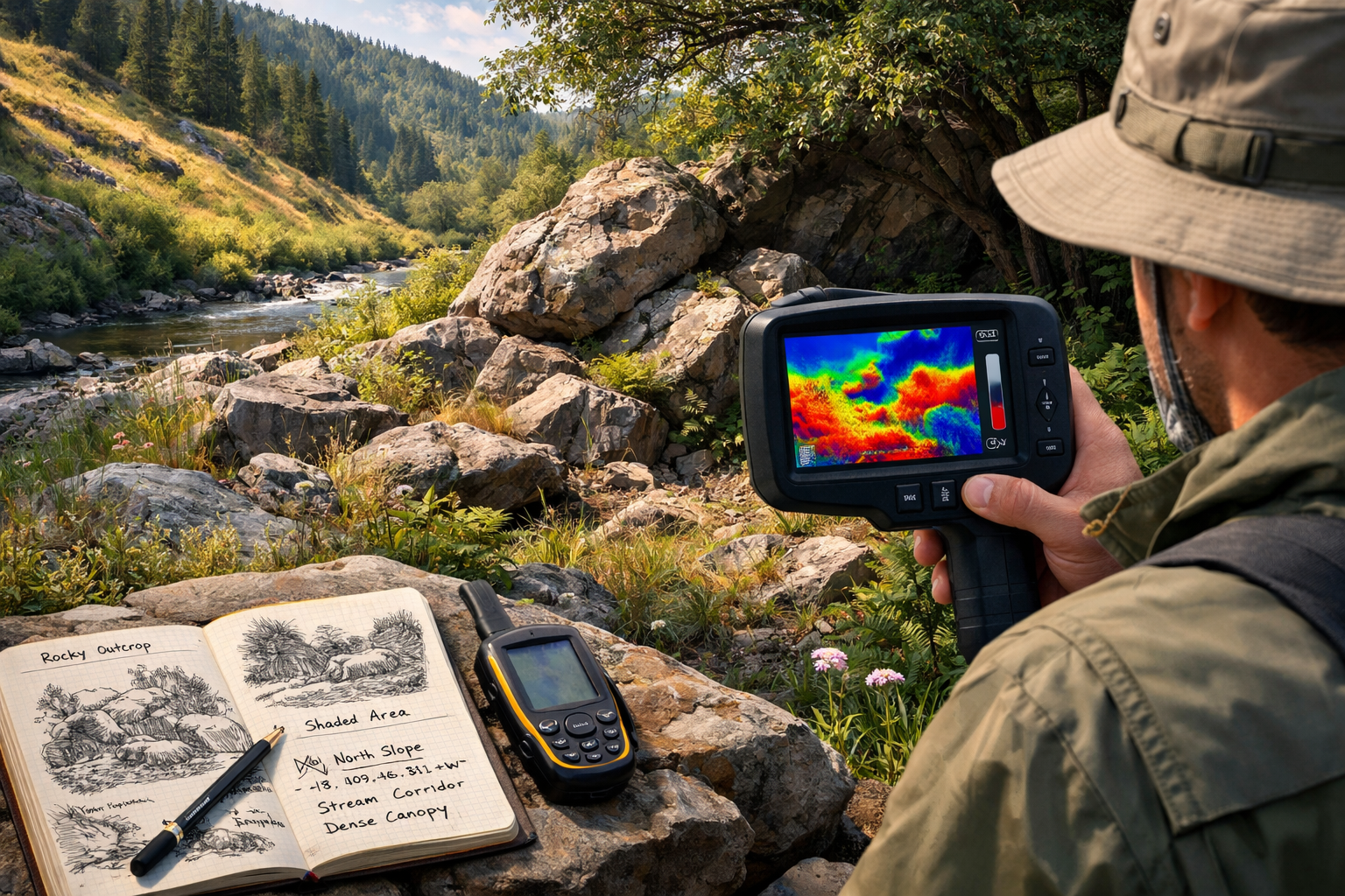() detailed illustration showing surveyor in field using handheld thermal imaging device pointed at diverse habitat