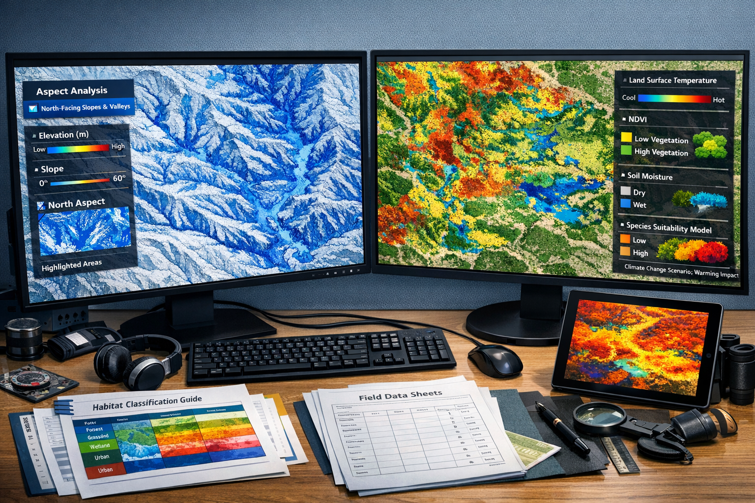 () comprehensive GIS workstation setup showing dual monitors displaying layered mapping software. Left screen shows digital