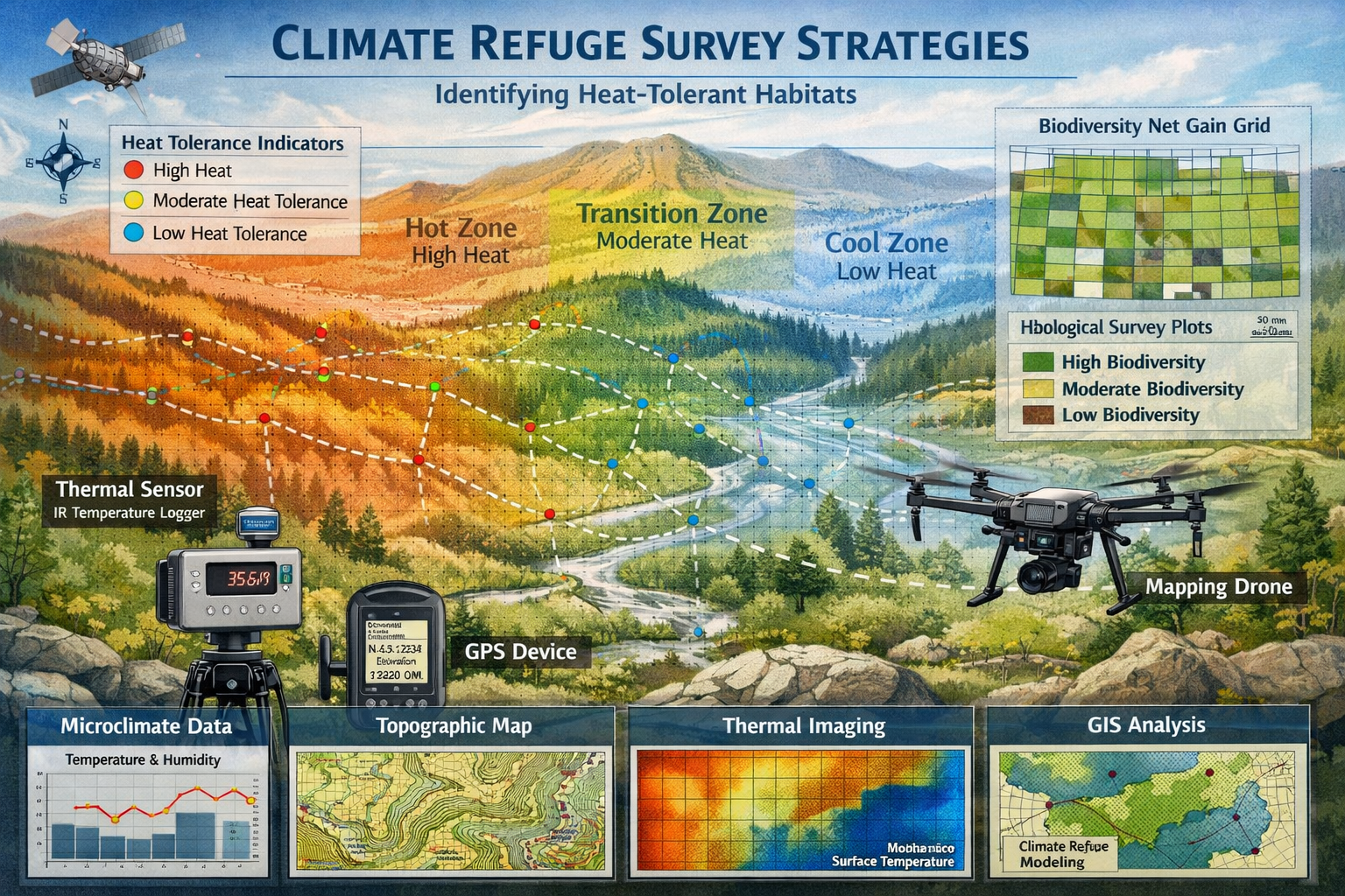 A detailed scientific visualization mapping climate refuge survey strategies, featuring a landscape split into thermal zones