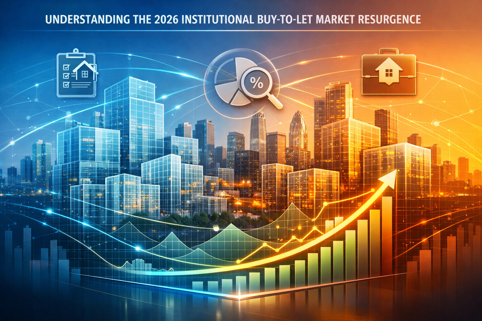 Conceptual illustration for 'Understanding the 2026 Institutional Buy-to-Let Market Resurgence' section: Panoramic cityscape with transparen