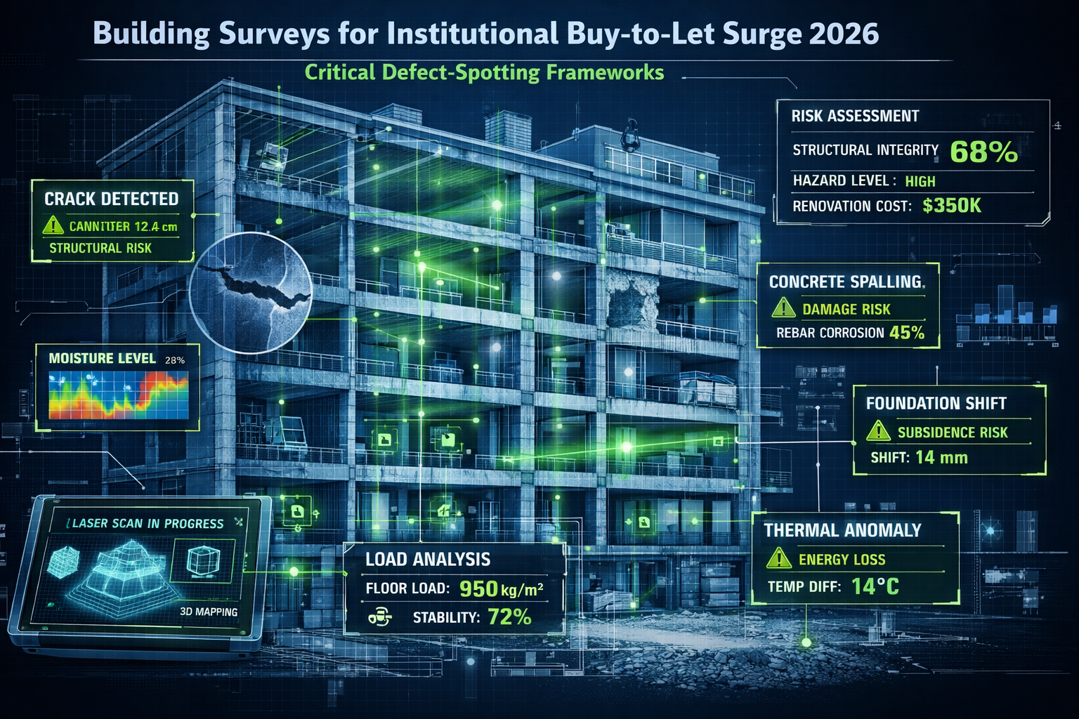 Technical visualization for 'Building Surveys for Institutional Buy-to-Let Surge 2026: Critical Defect-Spotting Frameworks' section: Cutaway