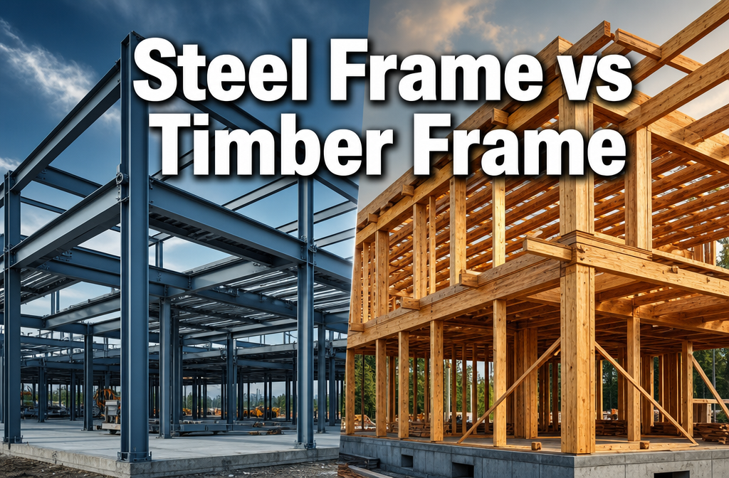 Professional () hero image with : 'Steel Frame vs Timber Frame' in extra large white with dark drop , centered upper third.