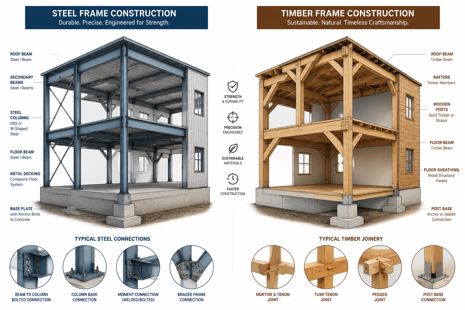 Detailed () side-by-side comparison infographic illustration showing cross-section diagrams of a steel frame building