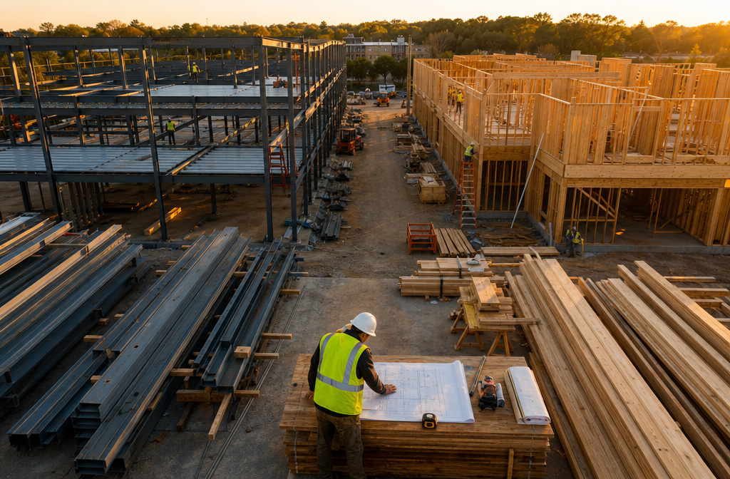 Detailed () showing a construction cost and timeline comparison scene: foreground features a contractor reviewing blueprints