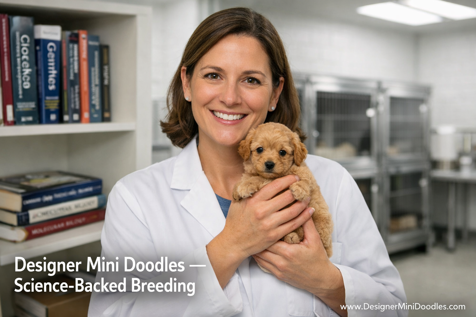 () editorial image showing a smiling animal biologist in a clean professional breeding facility holding a tiny apricot micro