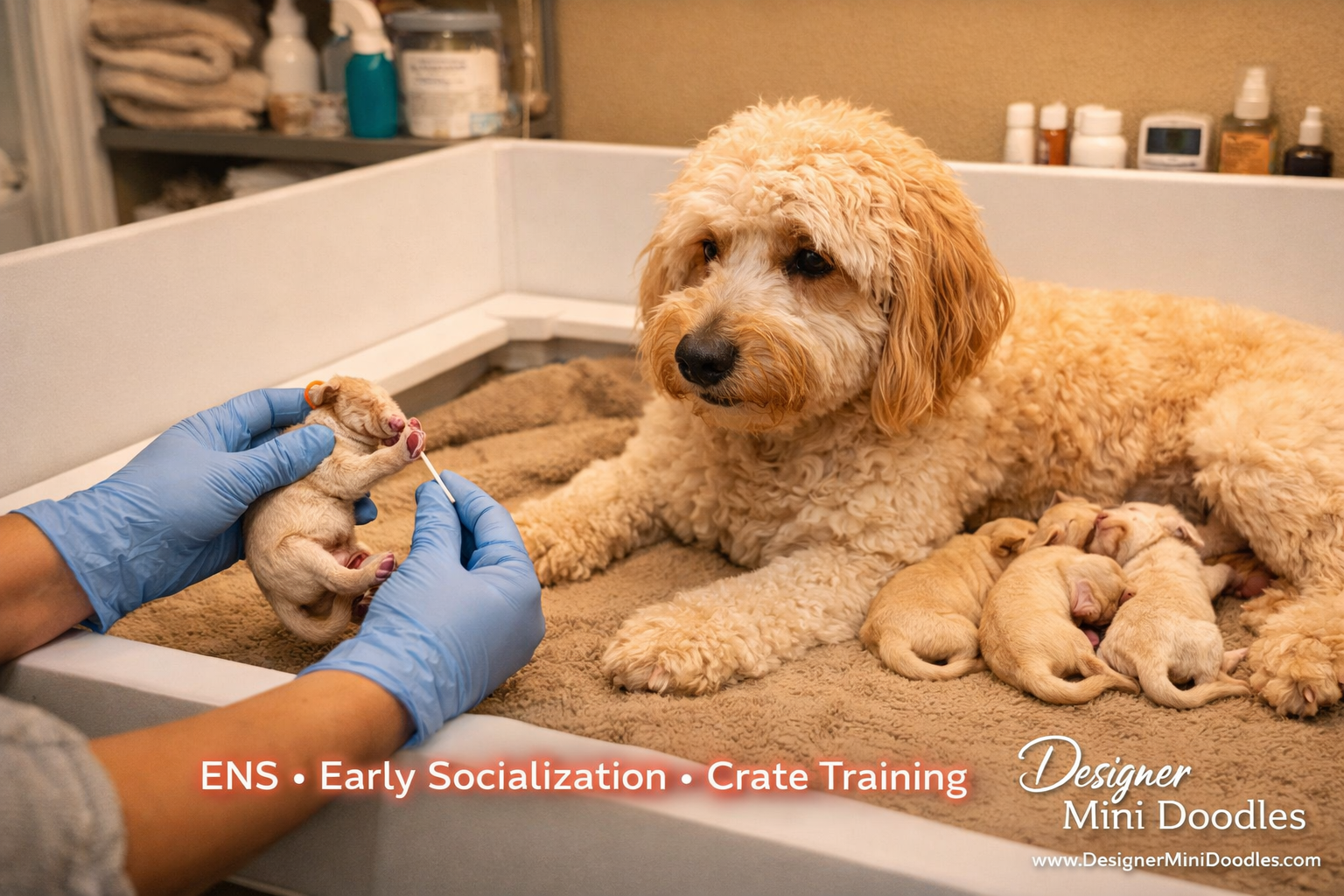 () image of a warm, well-lit professional whelping room with a mother goldendoodle and newborn puppies in a clean whelping
