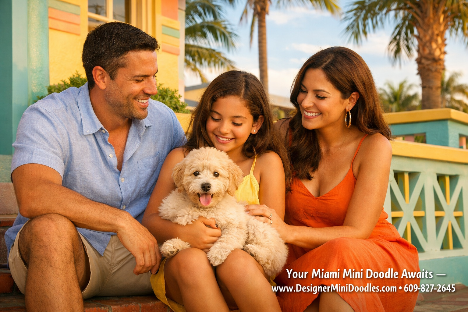 () lifestyle image of a happy Miami family — two adults and a child — sitting on a colorful Art Deco Miami porch with a