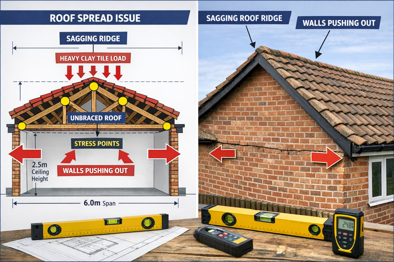 () editorial photograph showing detailed cross-section diagram on actual bungalow roof structure, illustrating roof spread