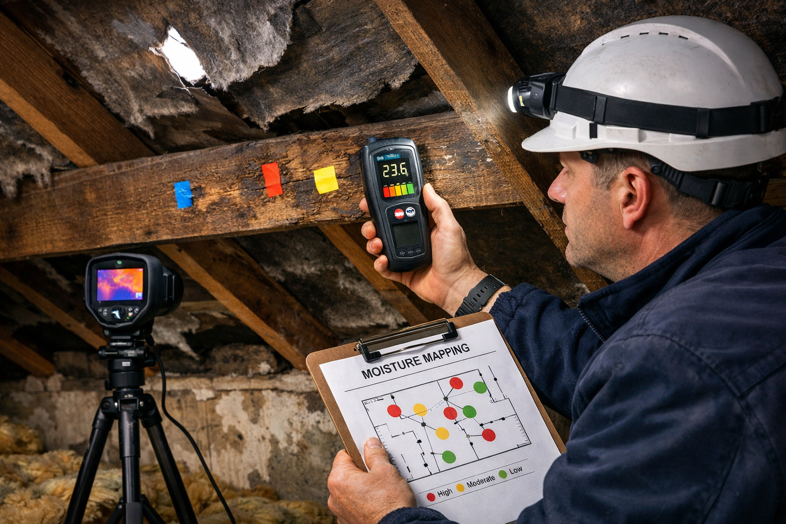 () detailed close-up photograph of RICS chartered surveyor conducting moisture investigation inside bungalow loft space,