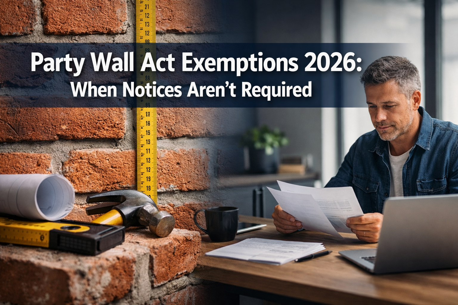 Professional () hero image featuring 'Party Wall Act Exemptions 2026: When Notices Aren't Required' in extra large white