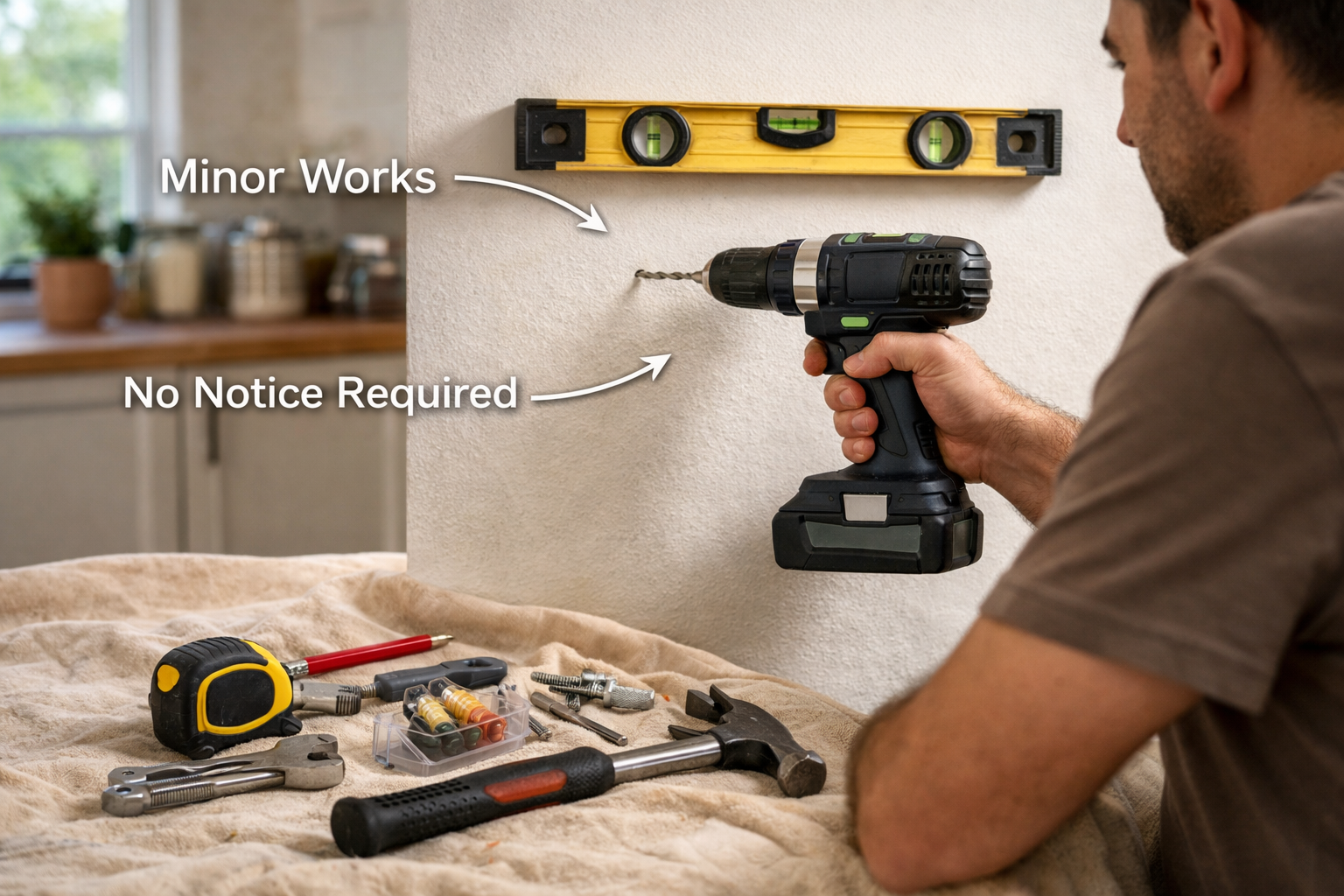 Detailed () image showing interior home renovation scene with homeowner drilling small holes in plastered wall for kitchen