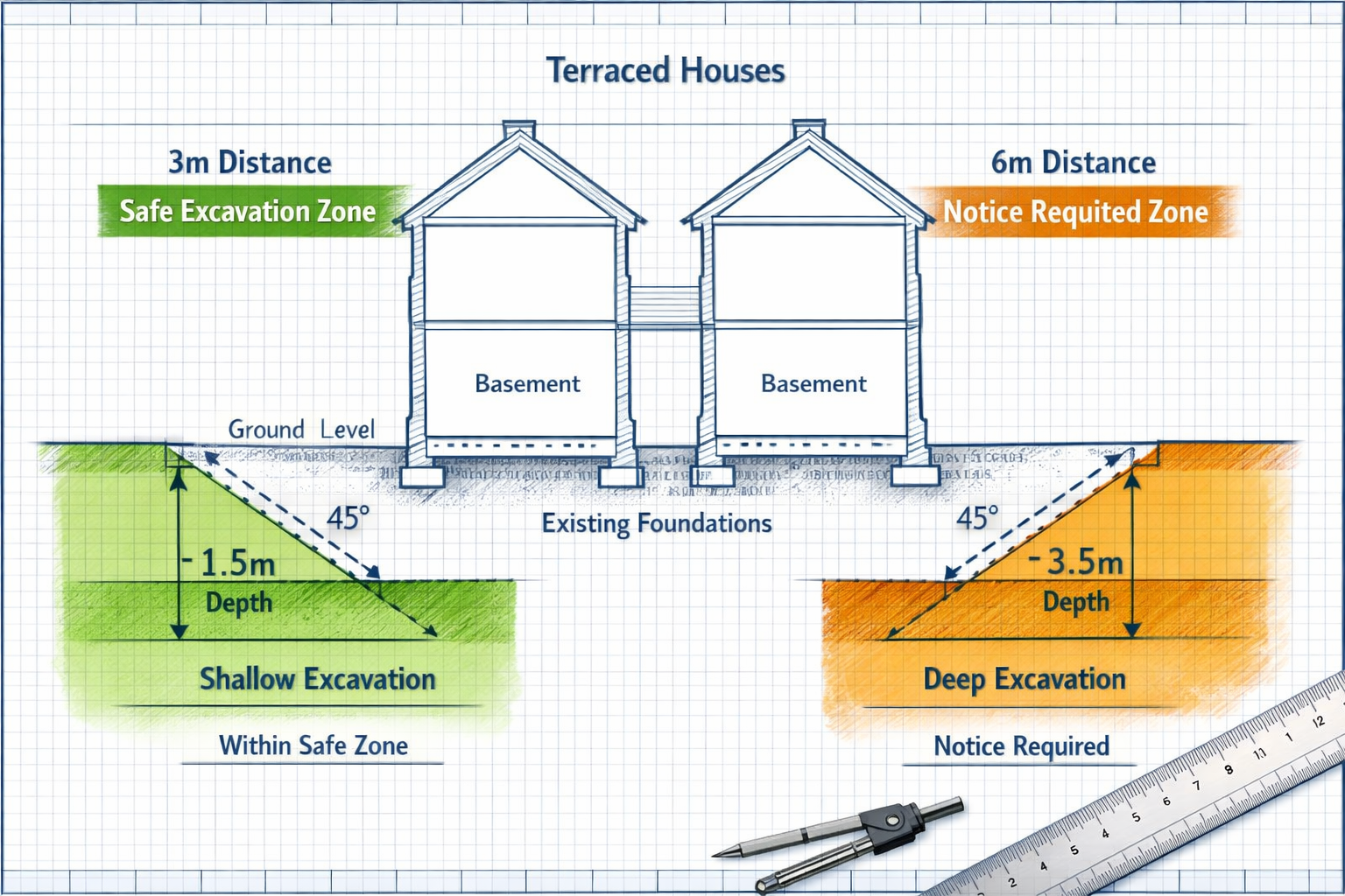 Professional () architectural cross-section illustration showing terraced house foundations and excavation zones, technical