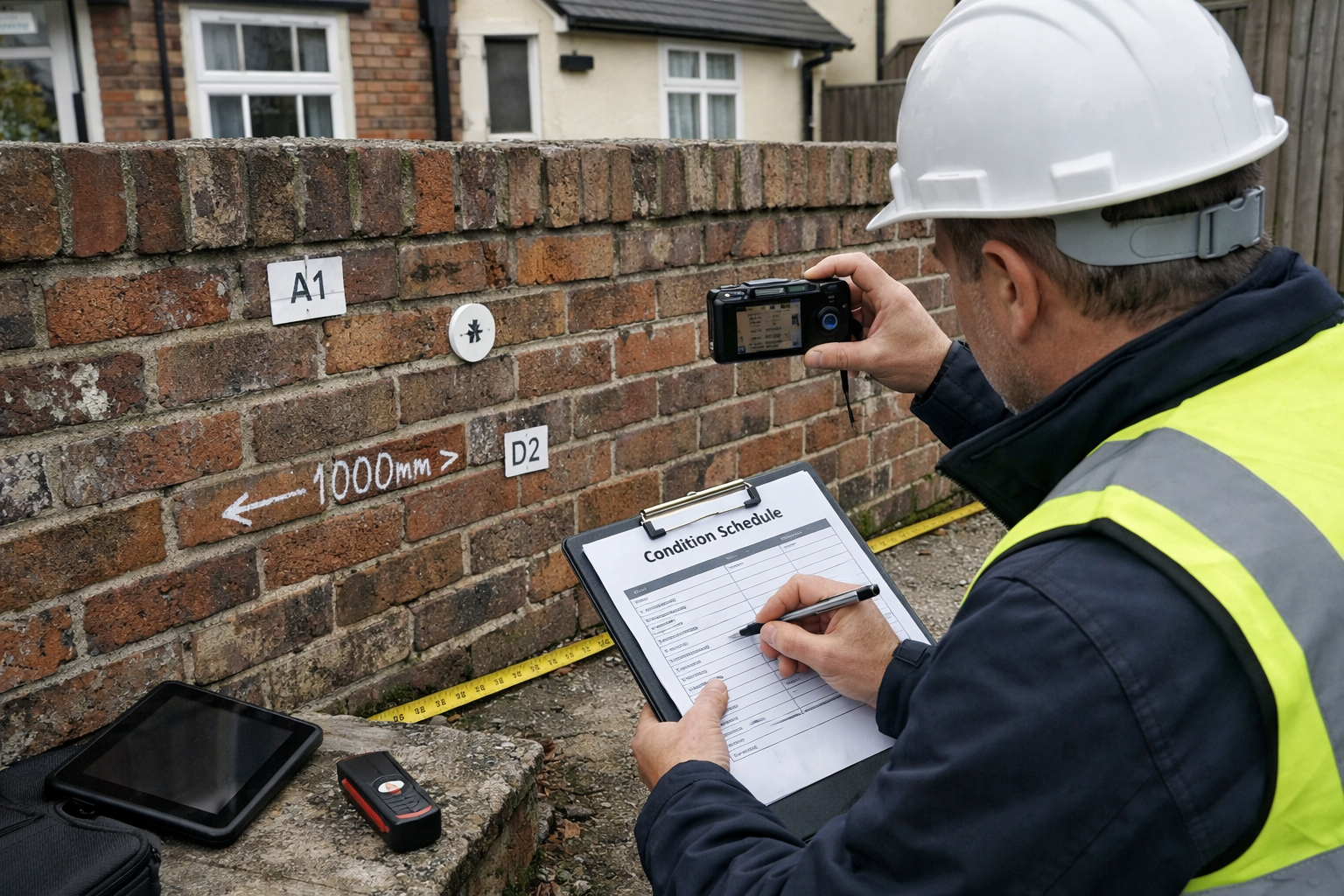 Detailed () image of professional surveyor in hard hat and high-visibility vest conducting site inspection at residential