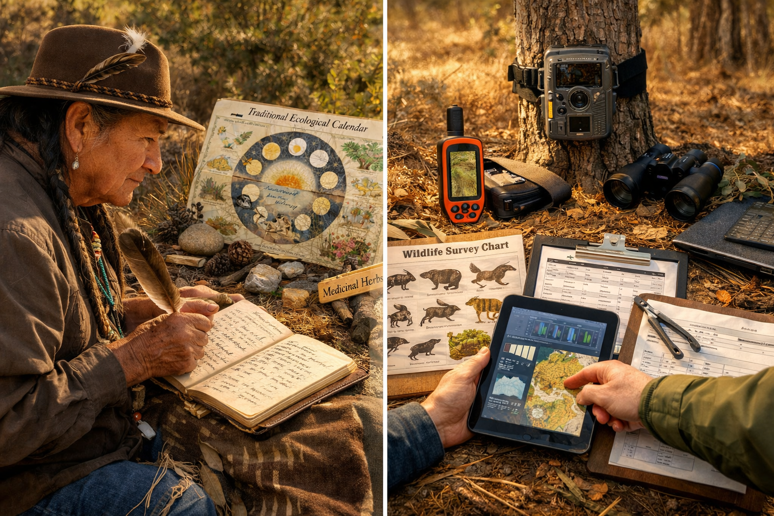 () editorial image showing split-screen composition: left side depicts Indigenous knowledge holder using traditional
