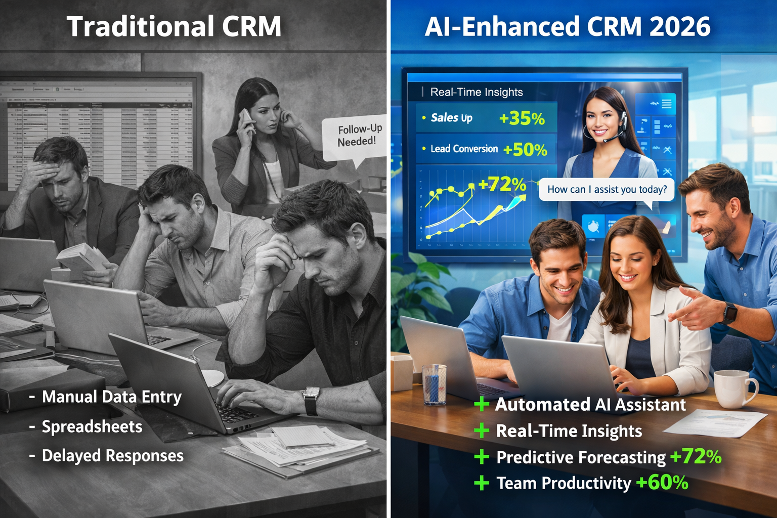 Landscape format (1536x1024) split-screen comparison showing traditional CRM workflow versus AI-enhanced CRM workflow for 2026. Left side di