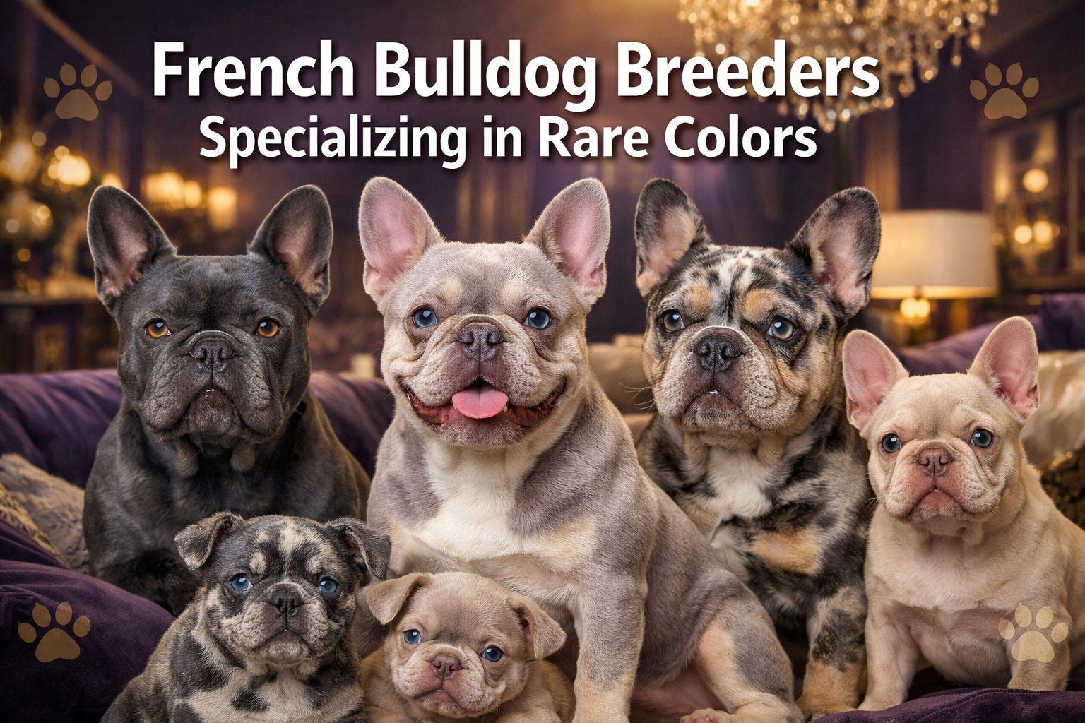 Professional landscape format (1536x1024) hero image featuring bold text overlay 'French Bulldog Breeders Specializing in Rare Colors' in ex