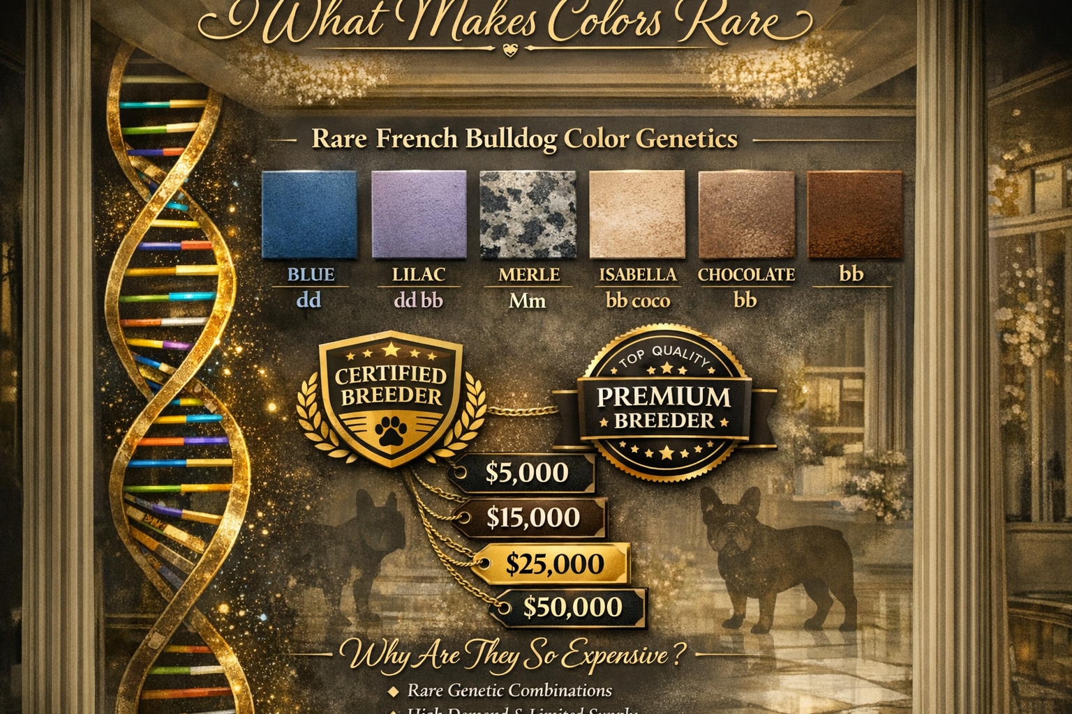 Portrait format (1024x1536) infographic showing rare French Bulldog color genetics chart with DNA helix, color swatches for blue, lilac, mer