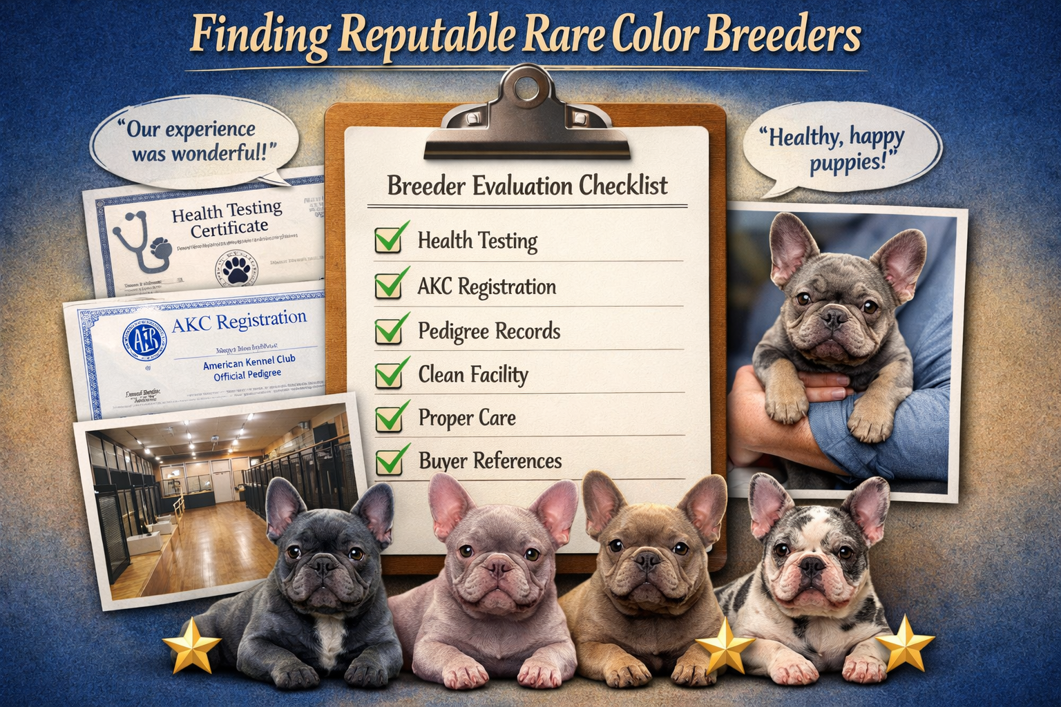 Portrait format (1024x1536) professional breeder evaluation checklist visualization featuring clipboard with checkmarks, health testing cert