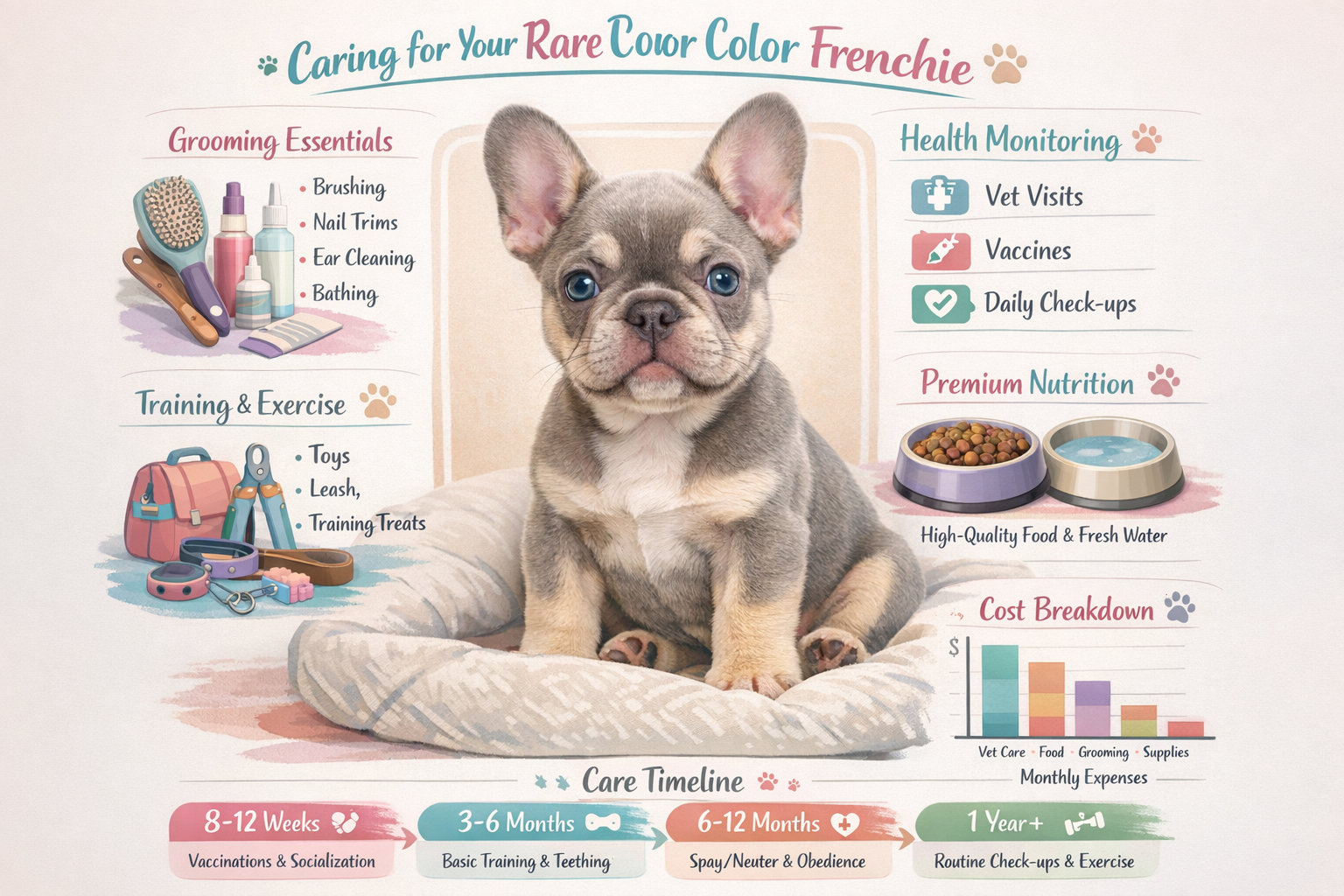 Portrait format (1024x1536) comprehensive care guide layout showing rare-colored French Bulldog puppy with grooming supplies, premium food b