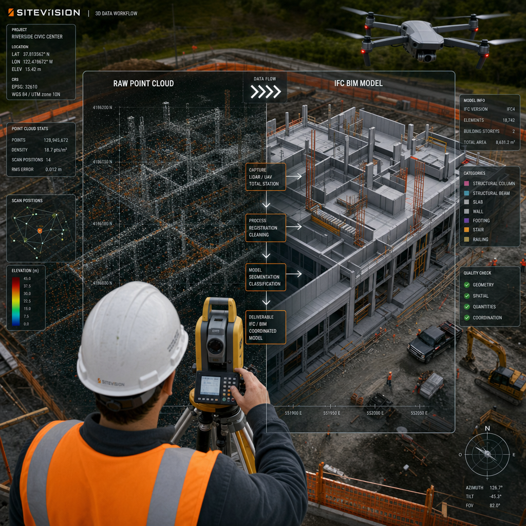 () close-up bird's-eye perspective of a surveyor using a total station and drone simultaneously on a construction site, with