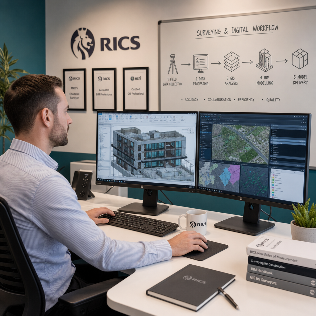 () showing a professional upskilling scene: a chartered surveyor at a modern desk with dual monitors displaying BIM software
