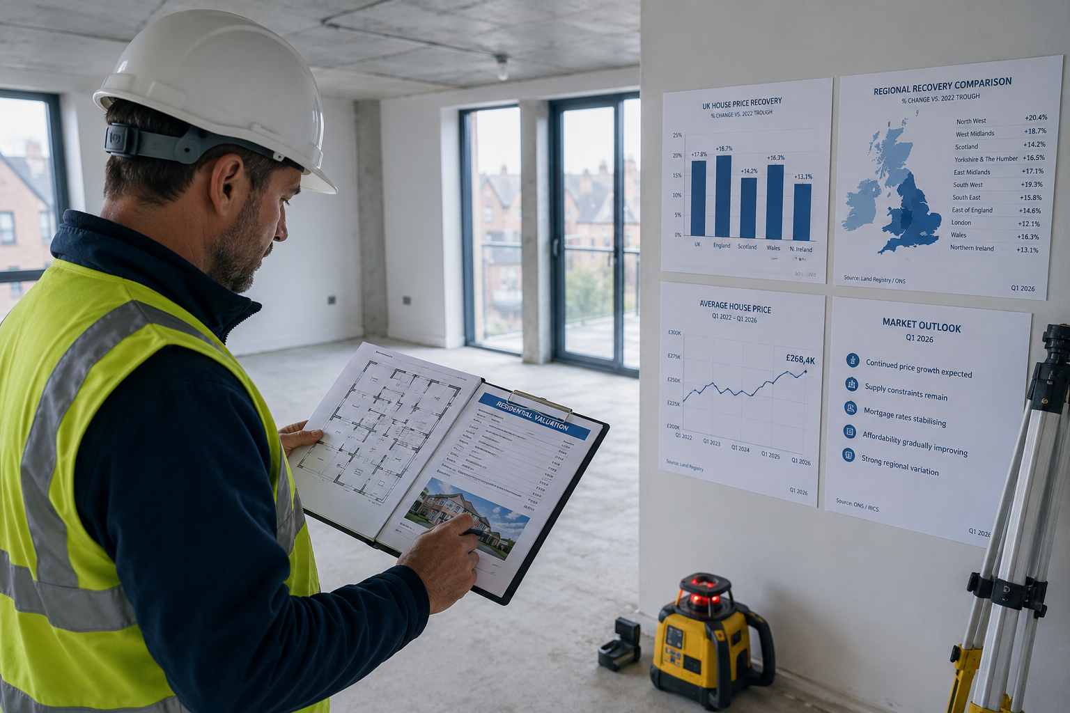 Wide-angle interior shot of a professional building surveyor in hard hat and hi-vis vest reviewing architectural floor plans